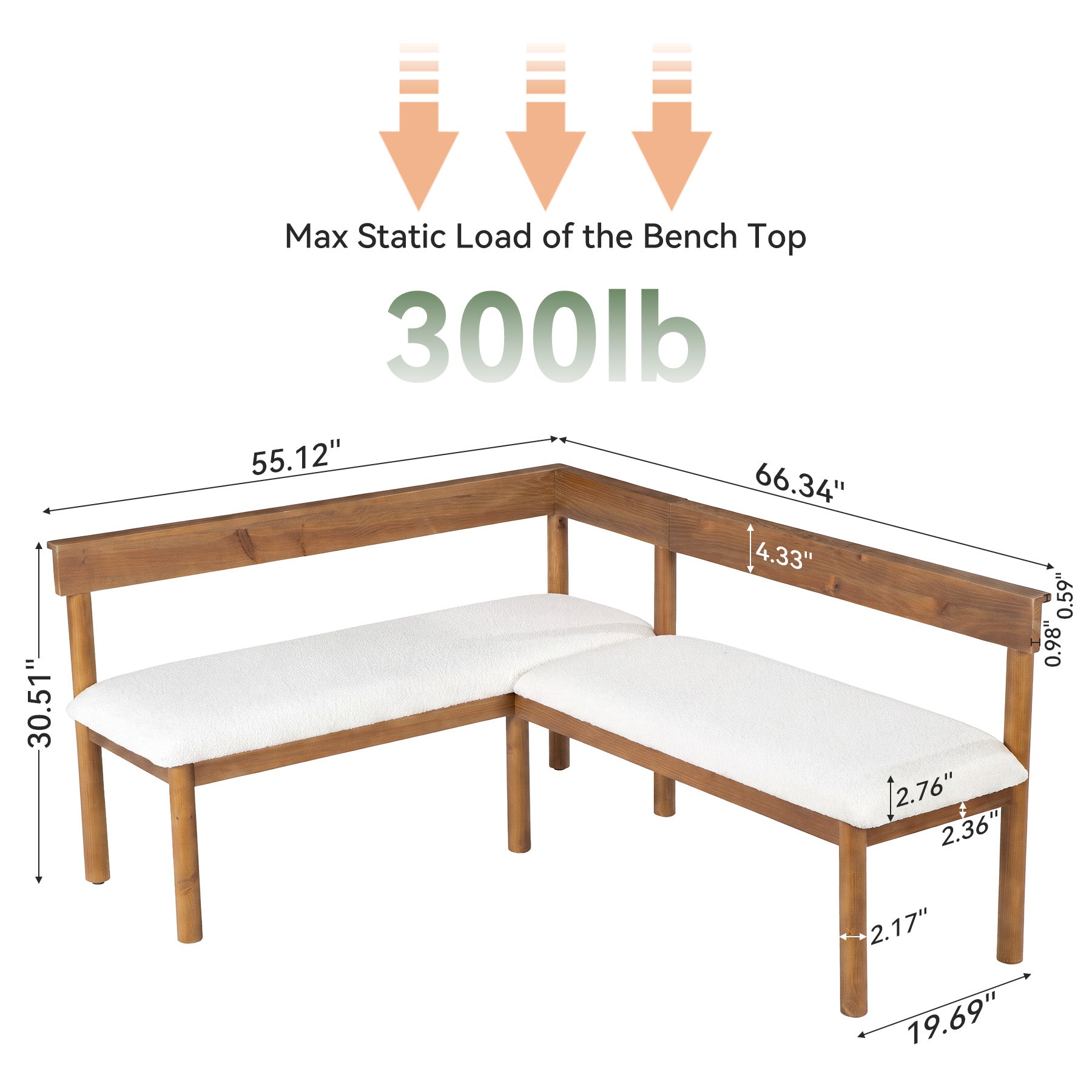 Solid Wood L-Shaped Bench, Upholstered Corner Kitchen Bench with Backrest