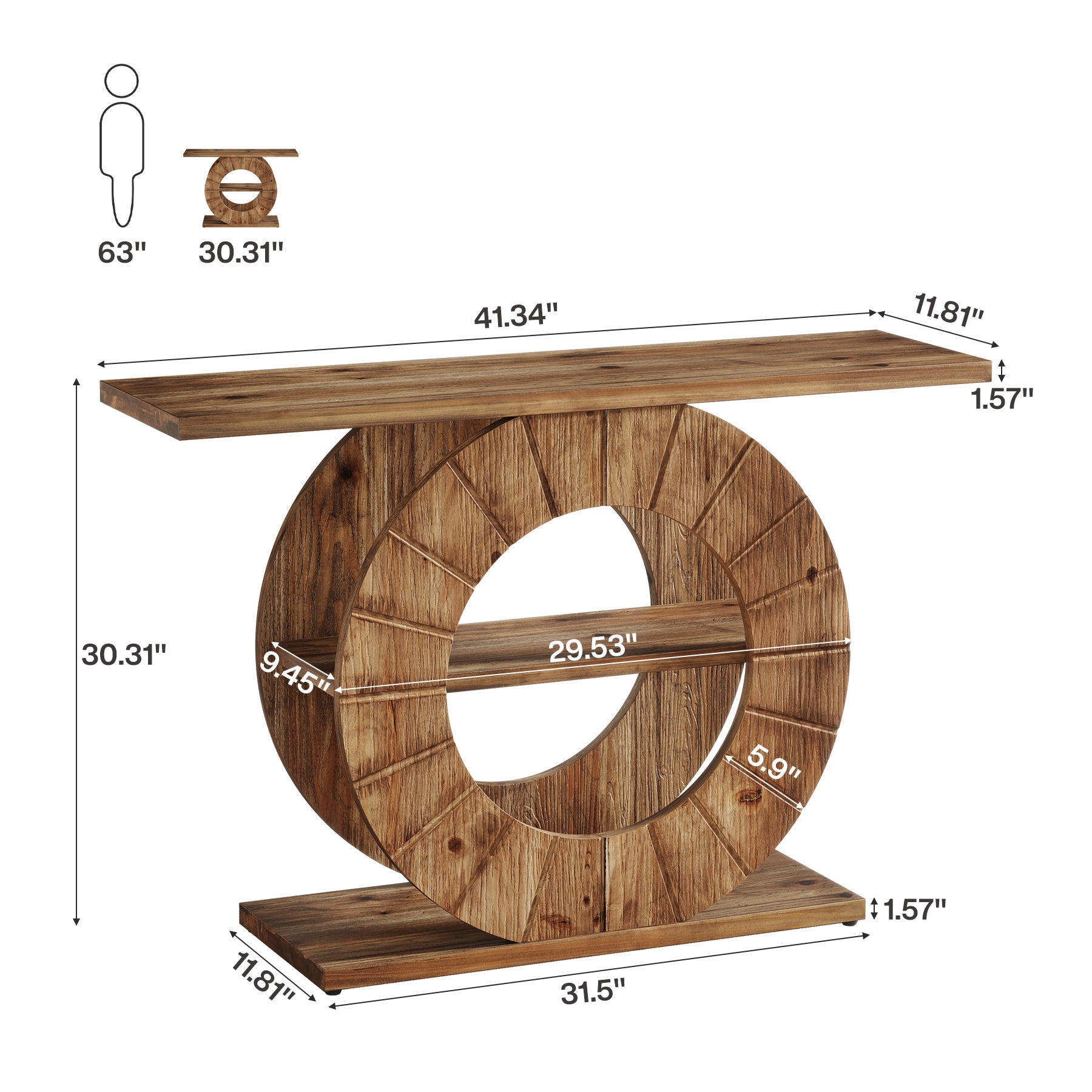 41" Solid Wood Farmhouse Console Table with 3-Tier Shelves, Narrow Sofa Table with Carved Circular Base