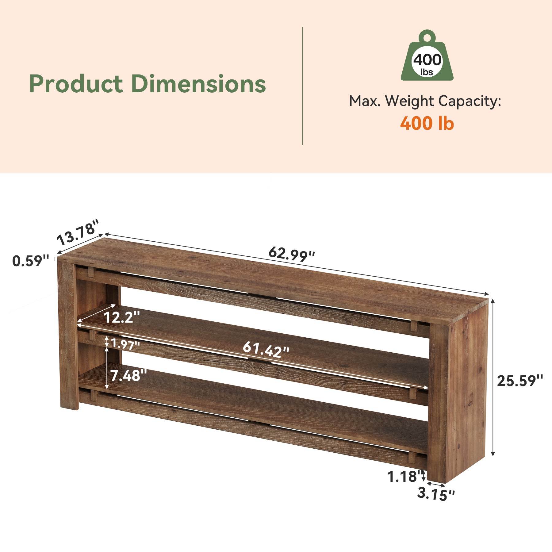 63" Solid Wood Entryway Bench with Storage, 3-Tier Shoe Bench for Hallway, Bedroom
