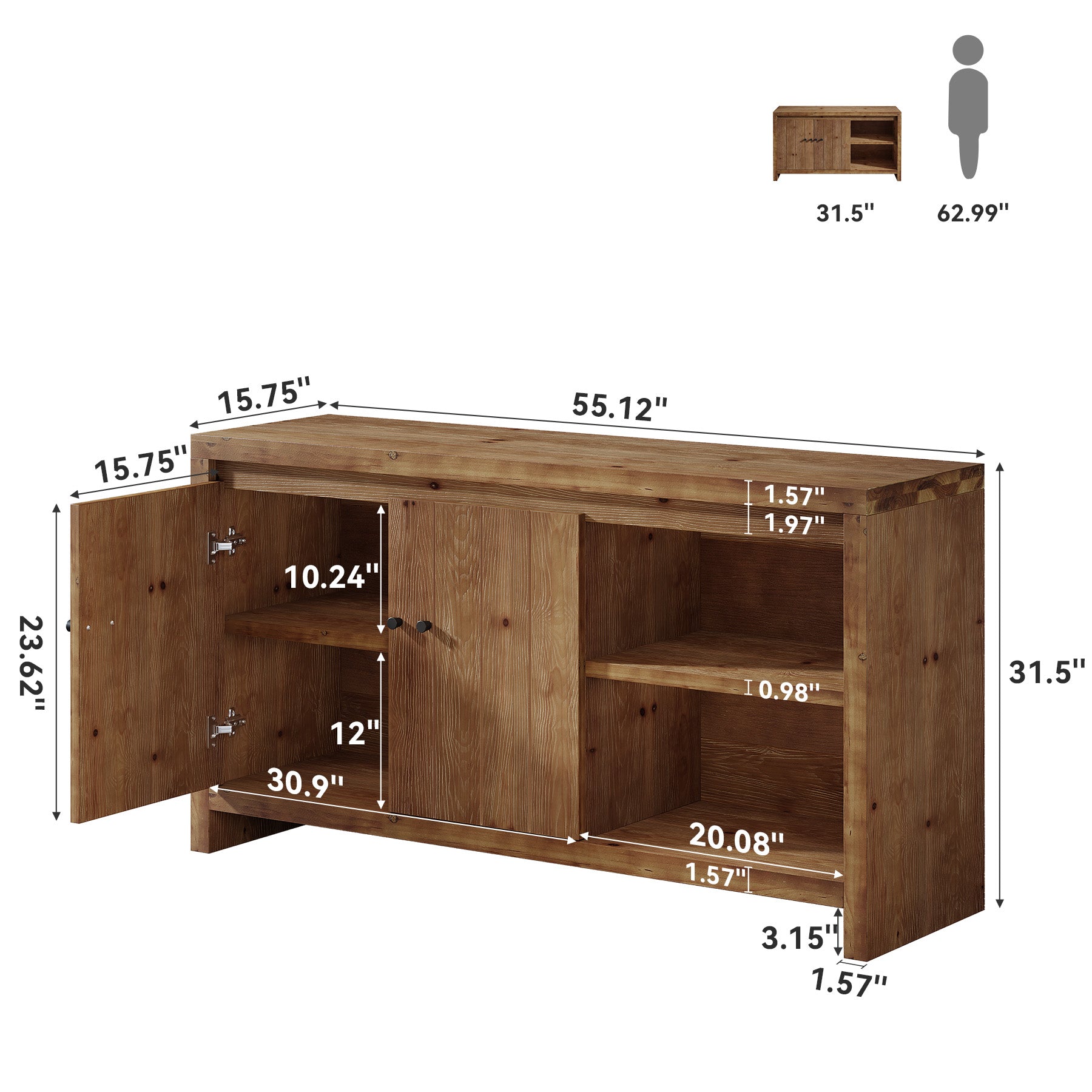 Solid Wood Buffet Sideboard, 55" Storage Cabinet with 2 Doors & Adjustable Shelves