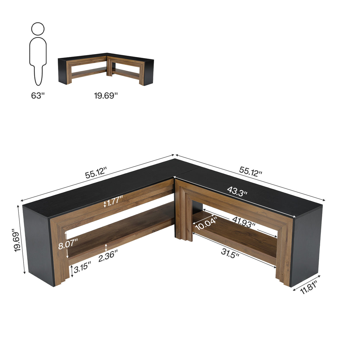 55" L-Shaped Corner Shoe Storage Bench, 2-Tier Entryway Bench with Open Shelves