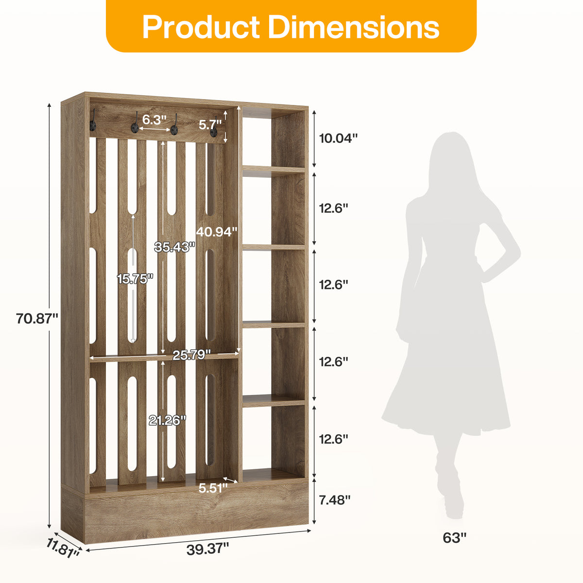 71" Room Divider with Shelves, 5-Cube & 4 Hooks, Freestanding Modern Wall Partition