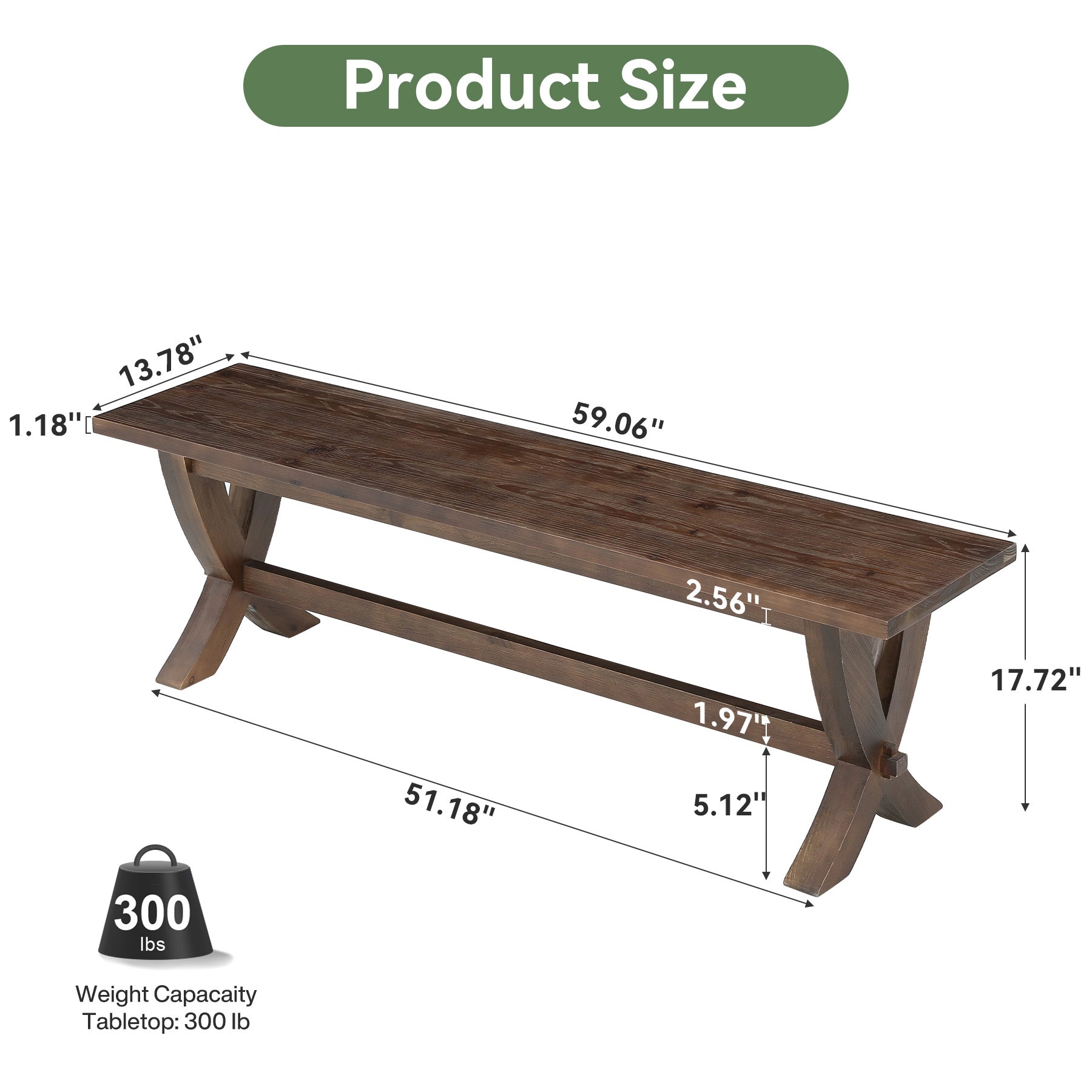 59" Solid Wood Entryway Bench, Farmhouse Wooden Bench with X-Frame Legs