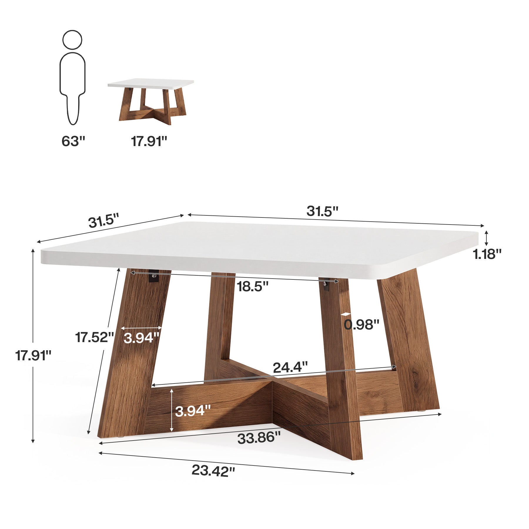31.5" Square Coffee Table, Modern Cocktail Table with Reinforced Cross Brace for Living Room