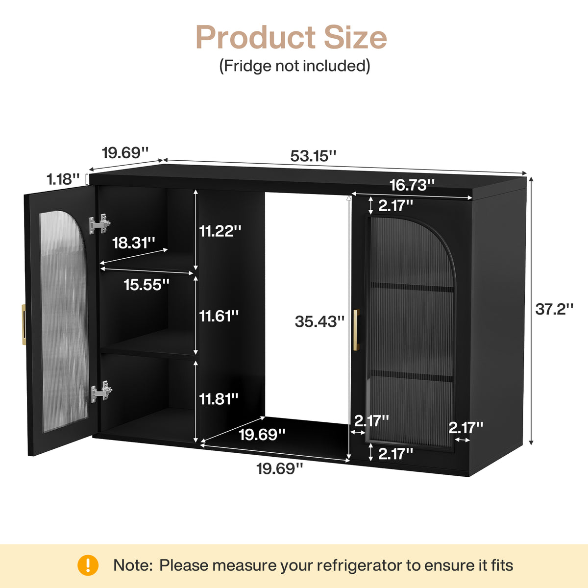 53" Coffee Bar Cabinet with Mini Fridge Space & LED Lights, Fluted Acrylic Door