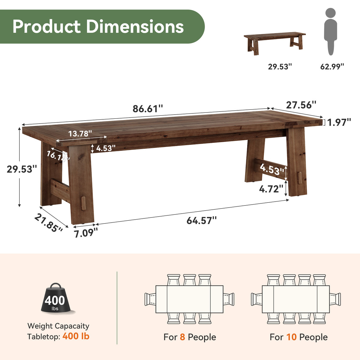 86.61" Solid Wood Dining Table, Rectangular Kitchen Table with A-Shaped Legs for 8-10