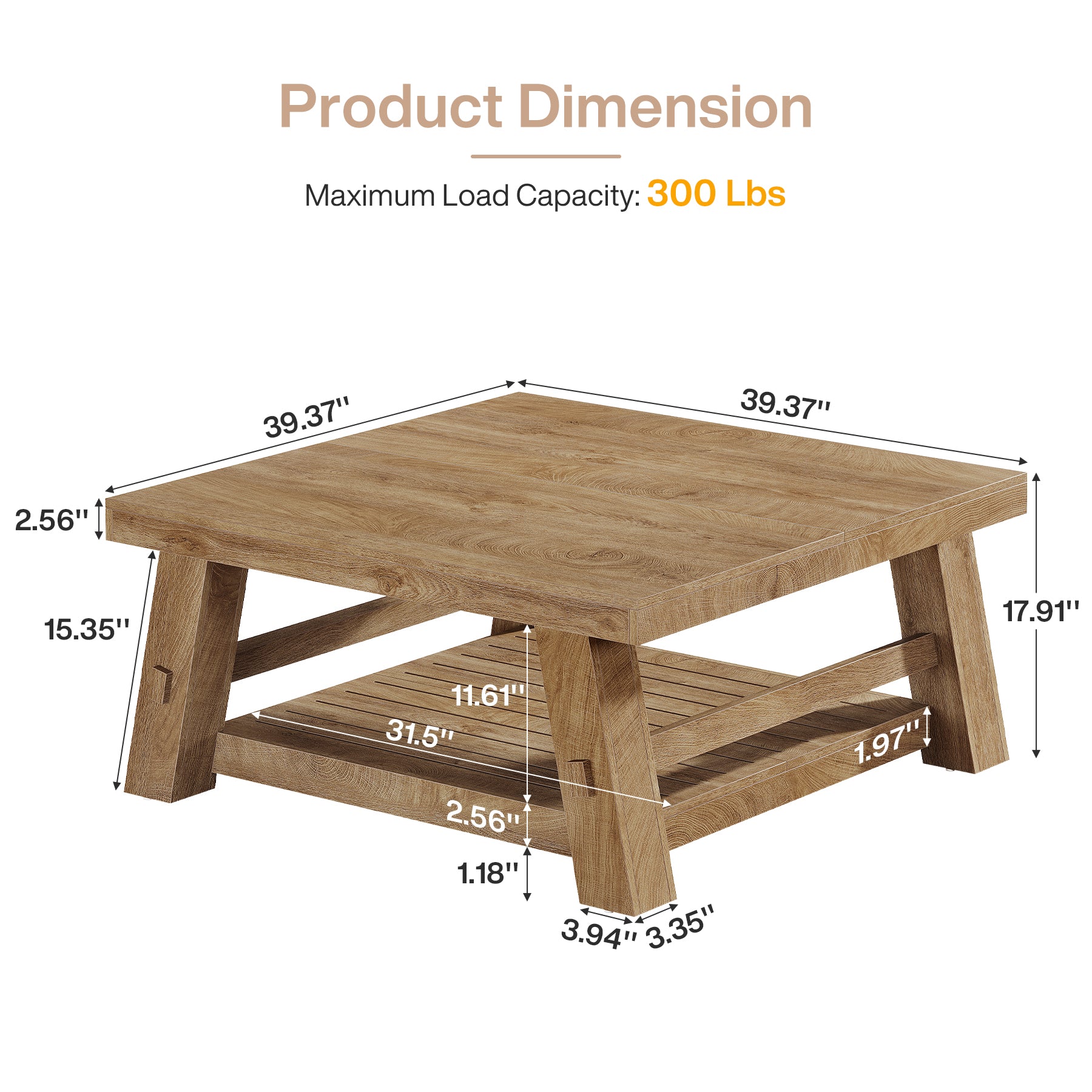 39" Square Coffee Table, 2-Tier Slatted Storage Shelf, Farmhouse Living Room