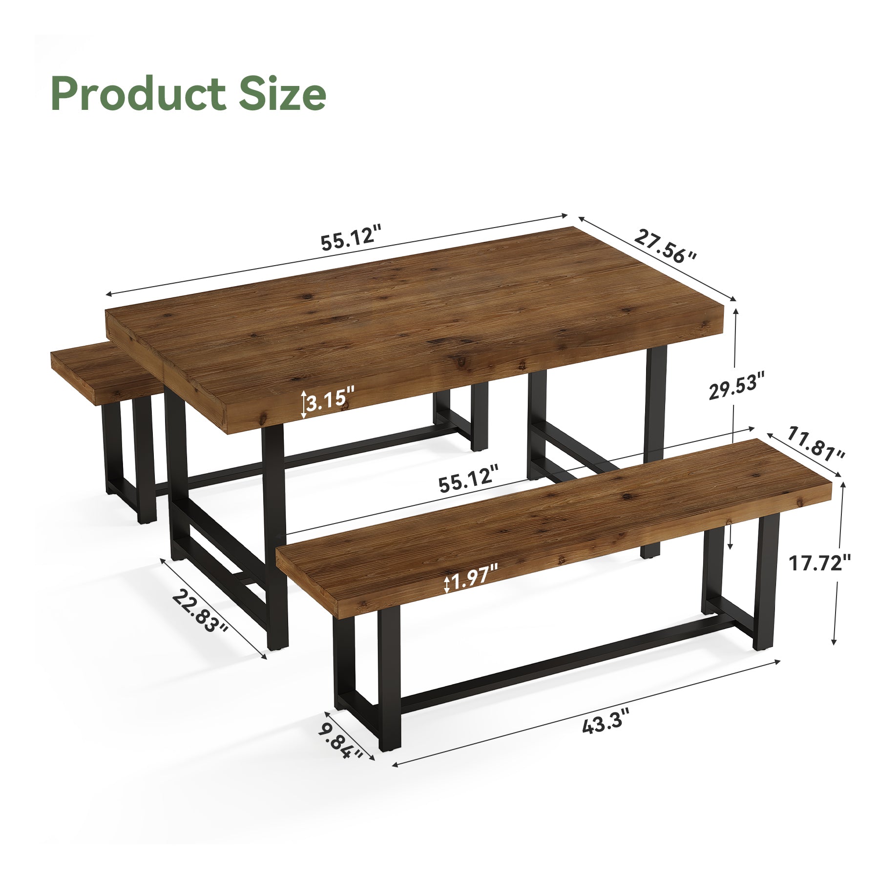 55" Dining Table Set, Solid Wood 3-Piece Rectangle Dinette Set with 2 Benches