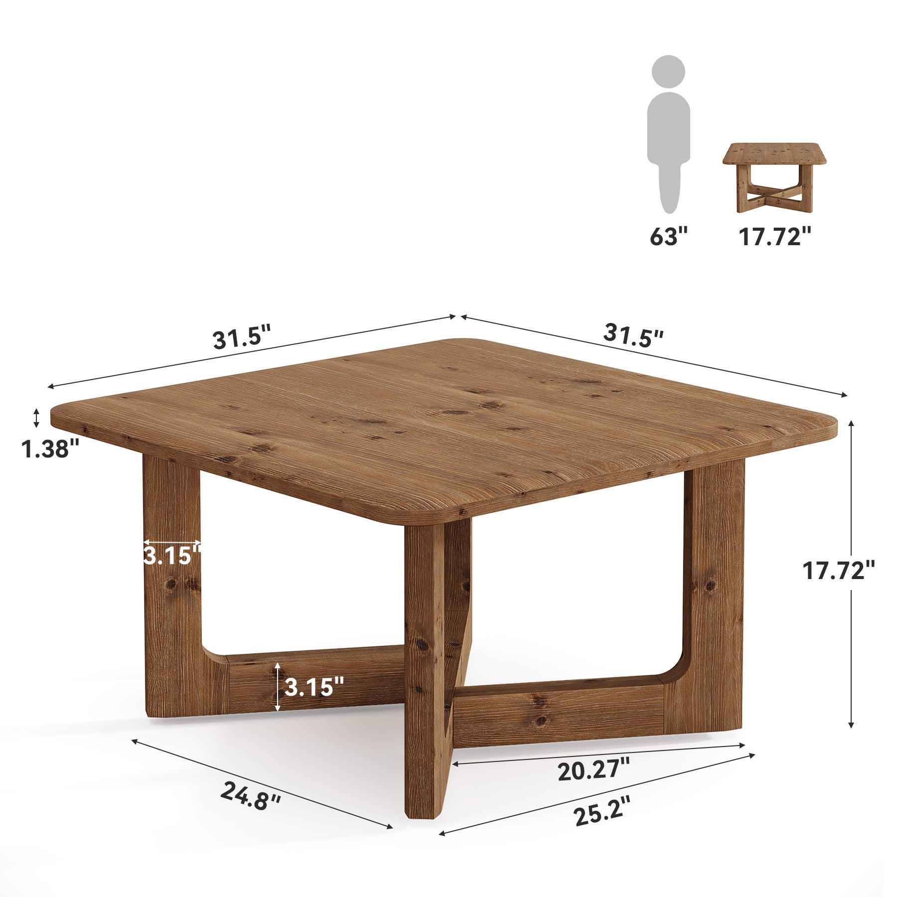 31.5" Solid Wood Coffee Table, Farmhouse Square Center Table Tea Accent Table