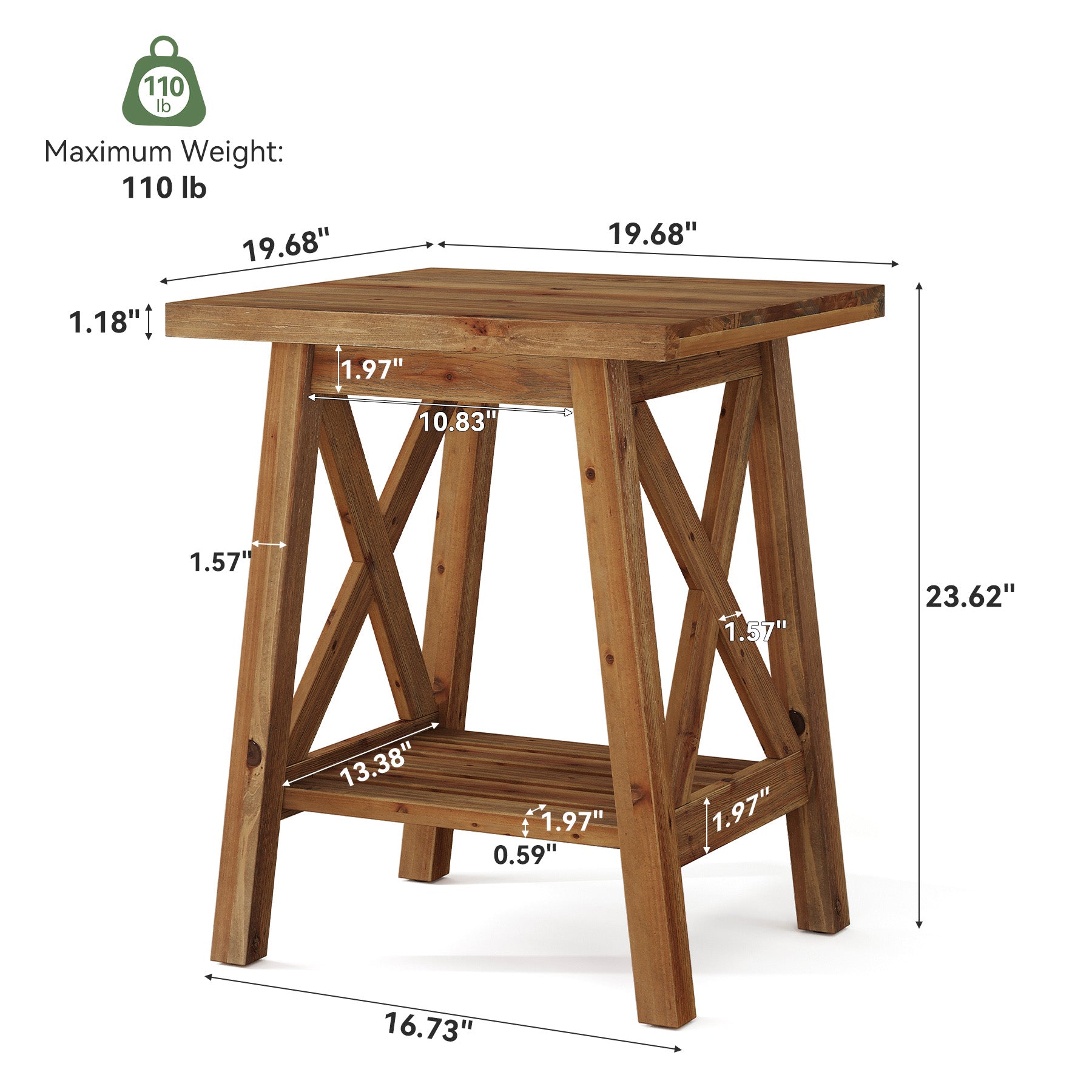 2-Tier Solid Wood End Table, Farmhouse Square Side Table Nightstand