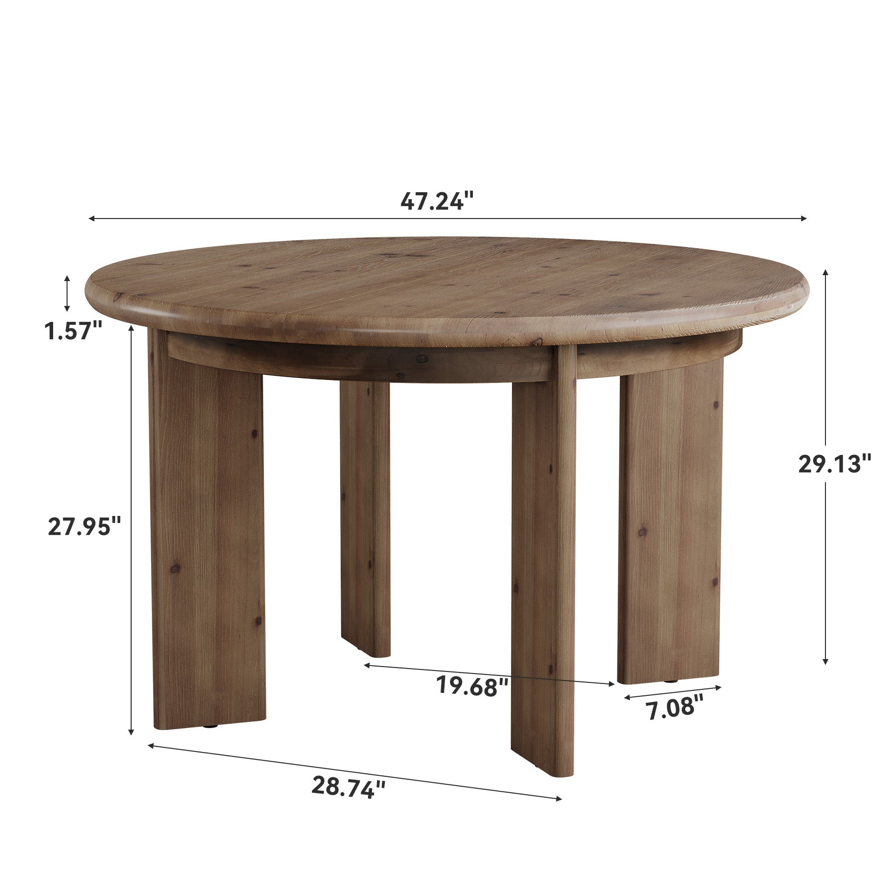 47" Round Dining Table for 4-6, Farmhouse Solid Wood, 4 Thick Pillar Legs, Kitchen Table