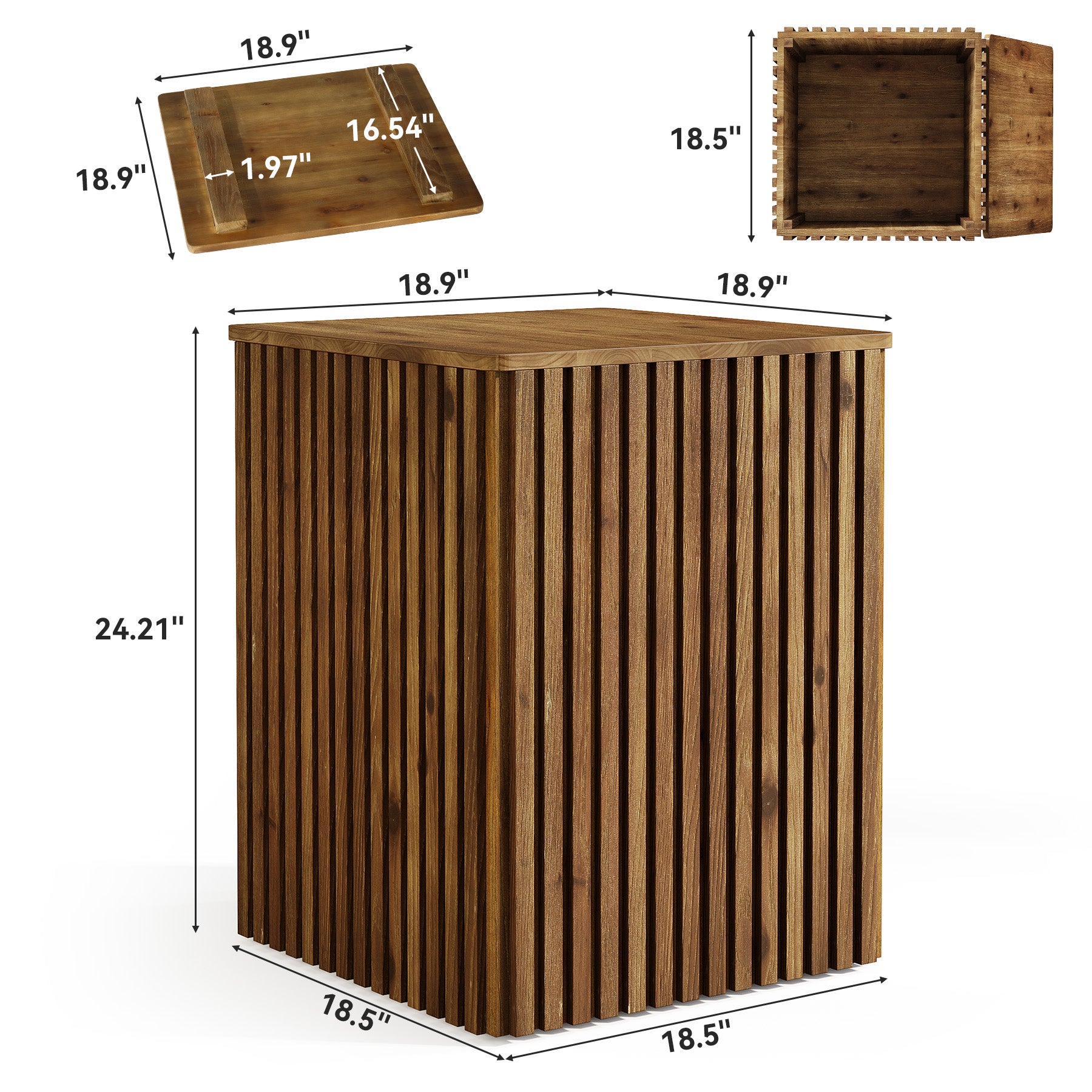 Solid Wood End Table, Square Fluted Side Table with Storage and Removable Lid