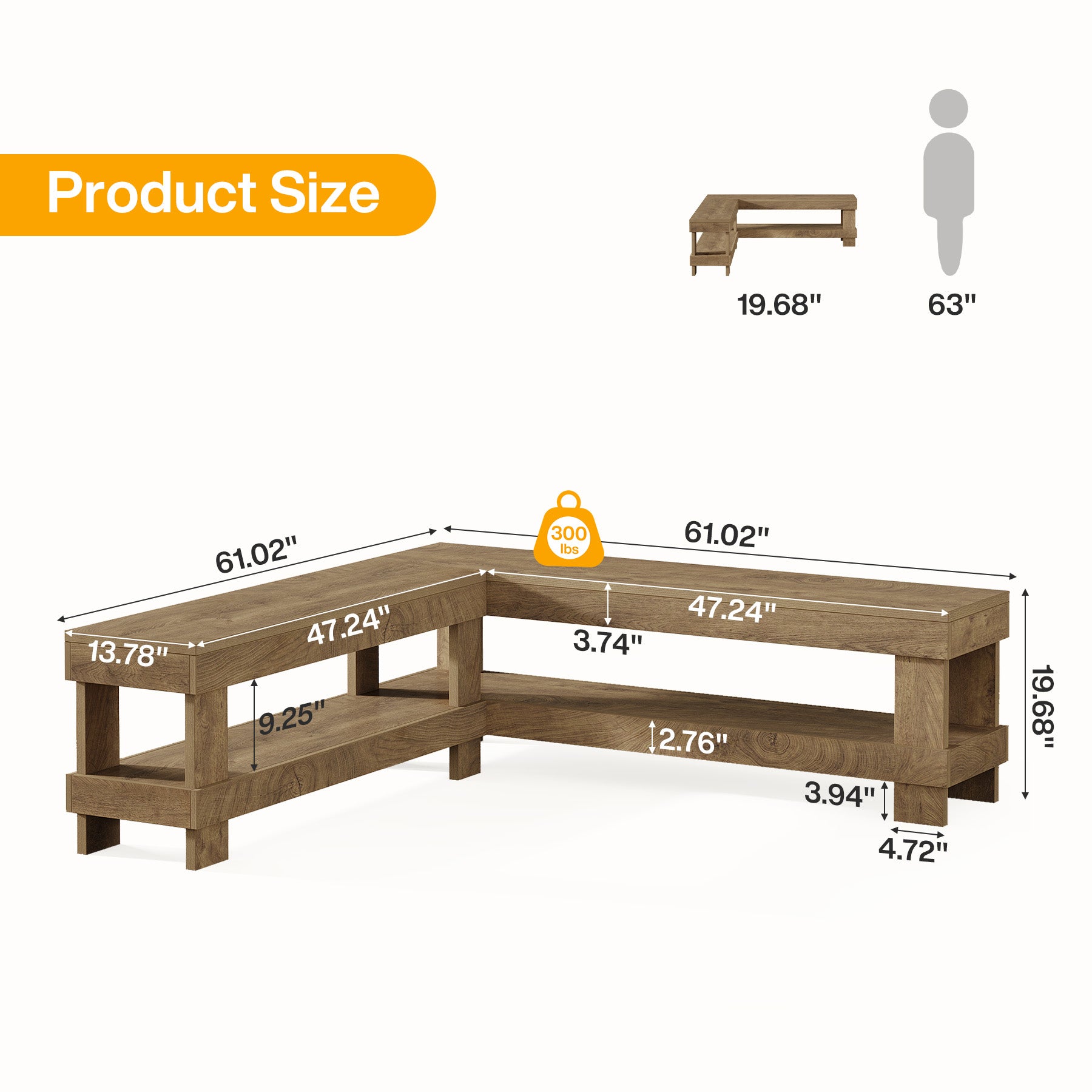 61" L-Shaped Bench, Corner Entry Bench Breakfast Nook Bench with 2-Tier Open Storage