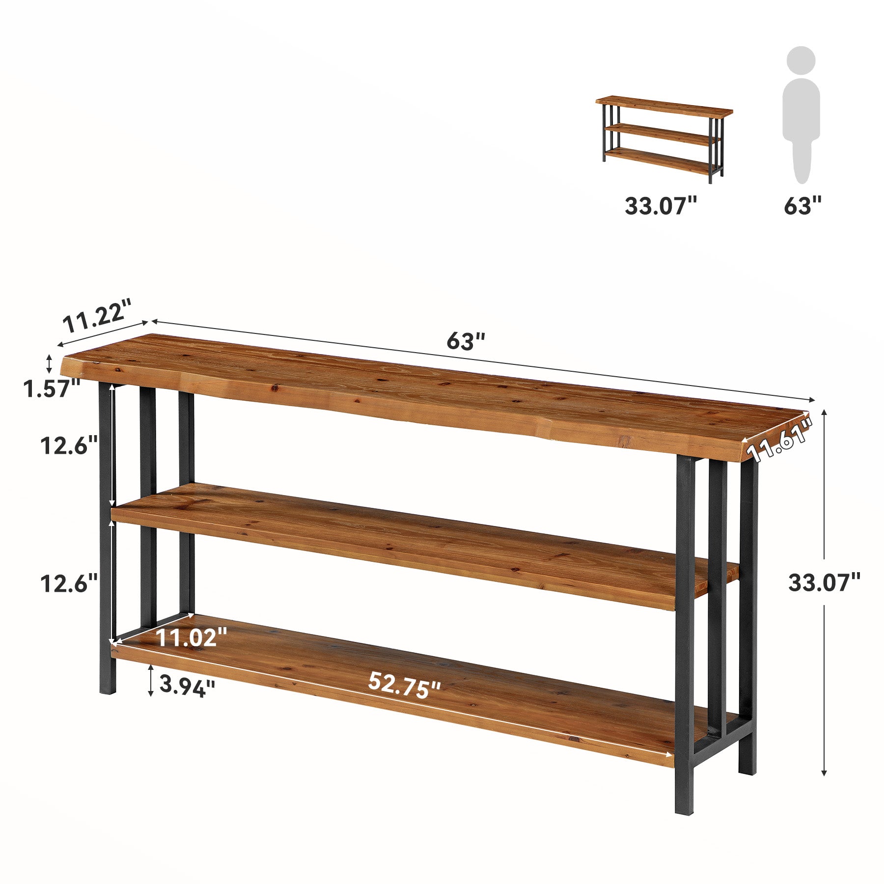 63" Live Edge Console Table, Farmhouse Solid Wood 3-Tier Shelves