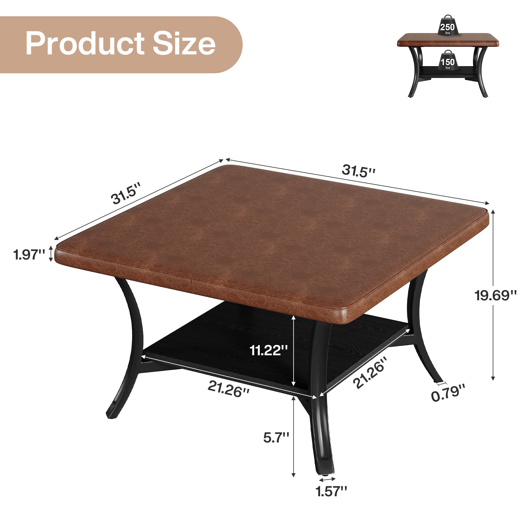 31.5" Square Coffee Table with Upholstered PU Leather Top, Modern Ottoman Coffee Table for Living Room