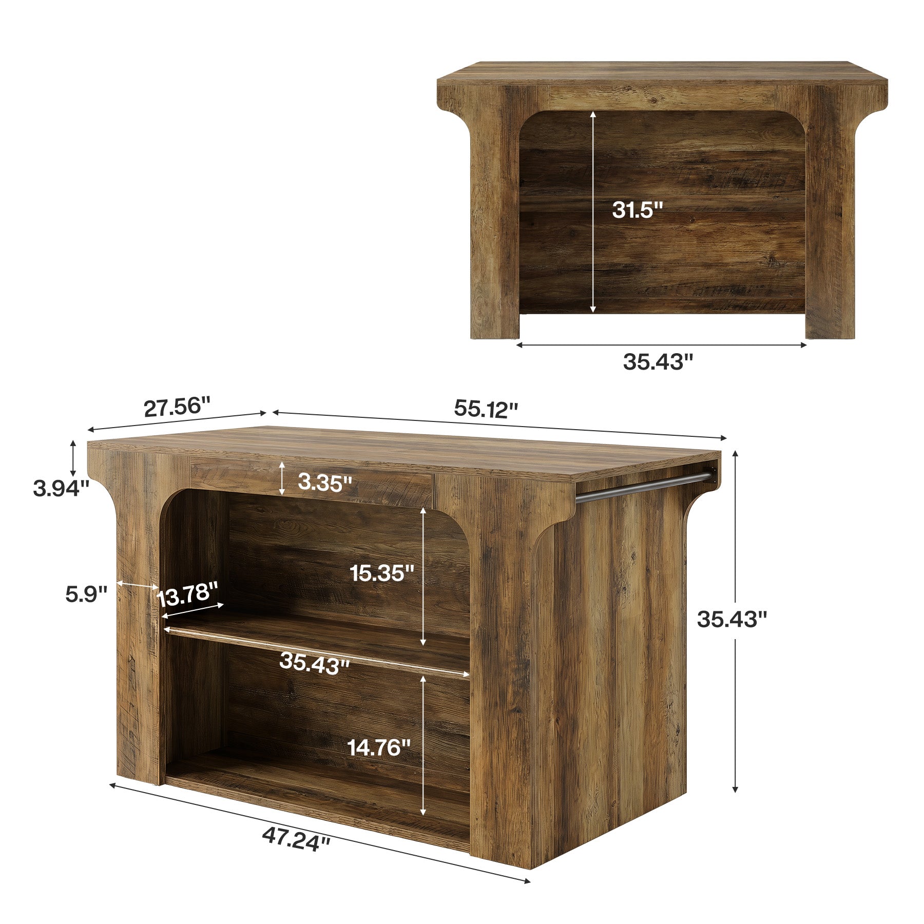 55" Wooden Kitchen Island, Stationary Dinner Prep Station with 2 Shelves