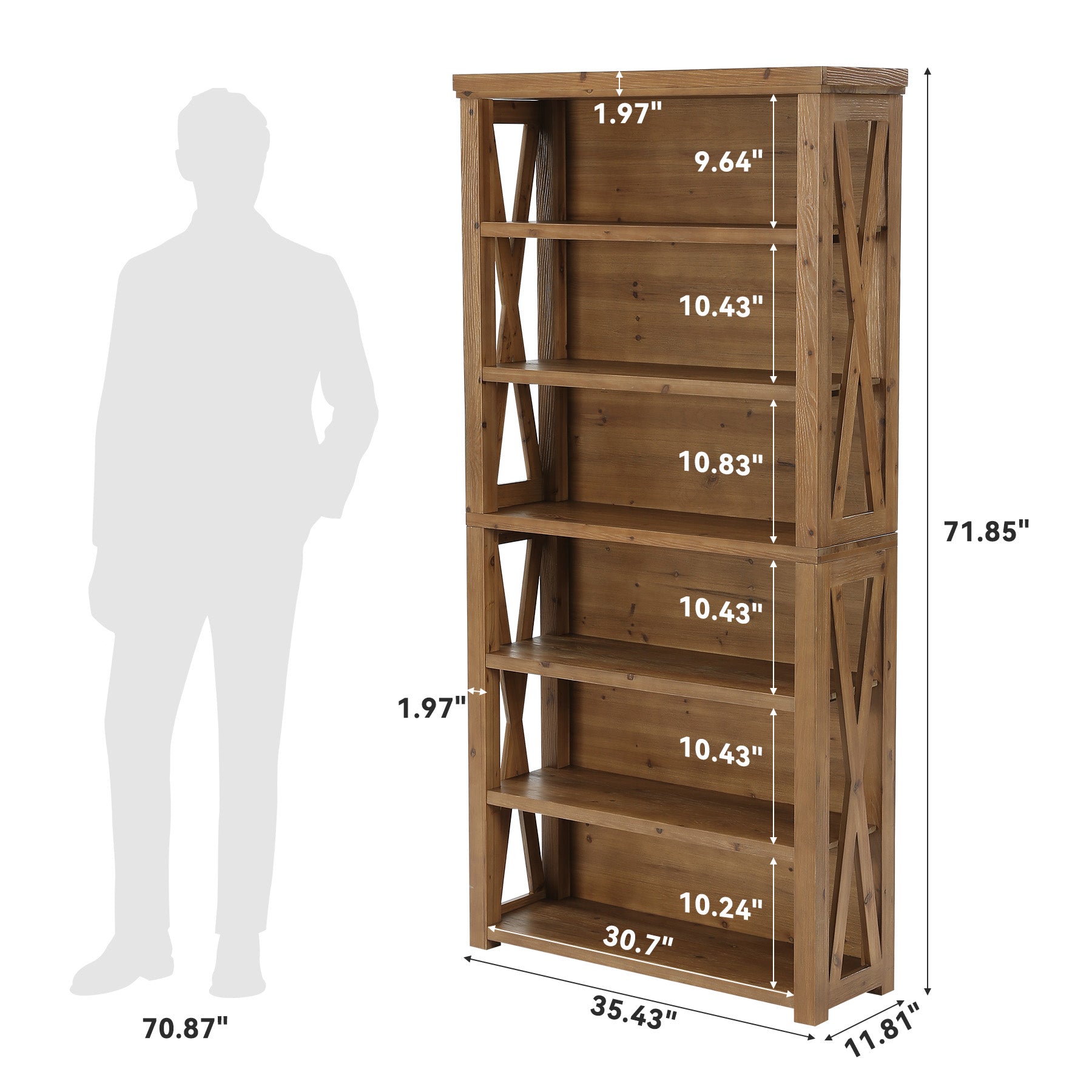 72" Tall Bookshelf, 6-Tier Solid Wood Bookcase with Open Shelves