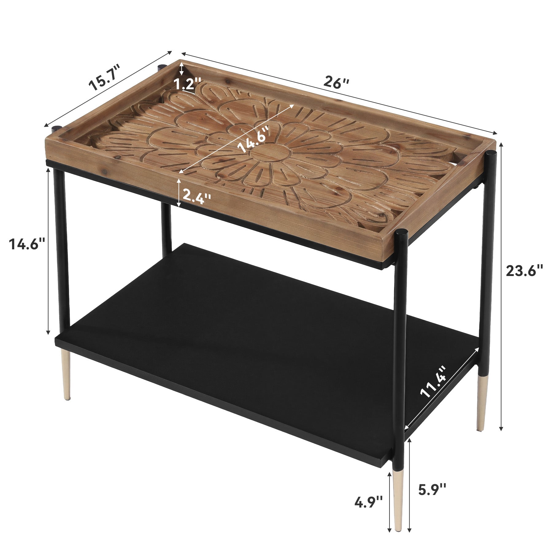 27.5" 2-Tier End Table with Storage Shelf, Solid Wood Side Table for Living Room