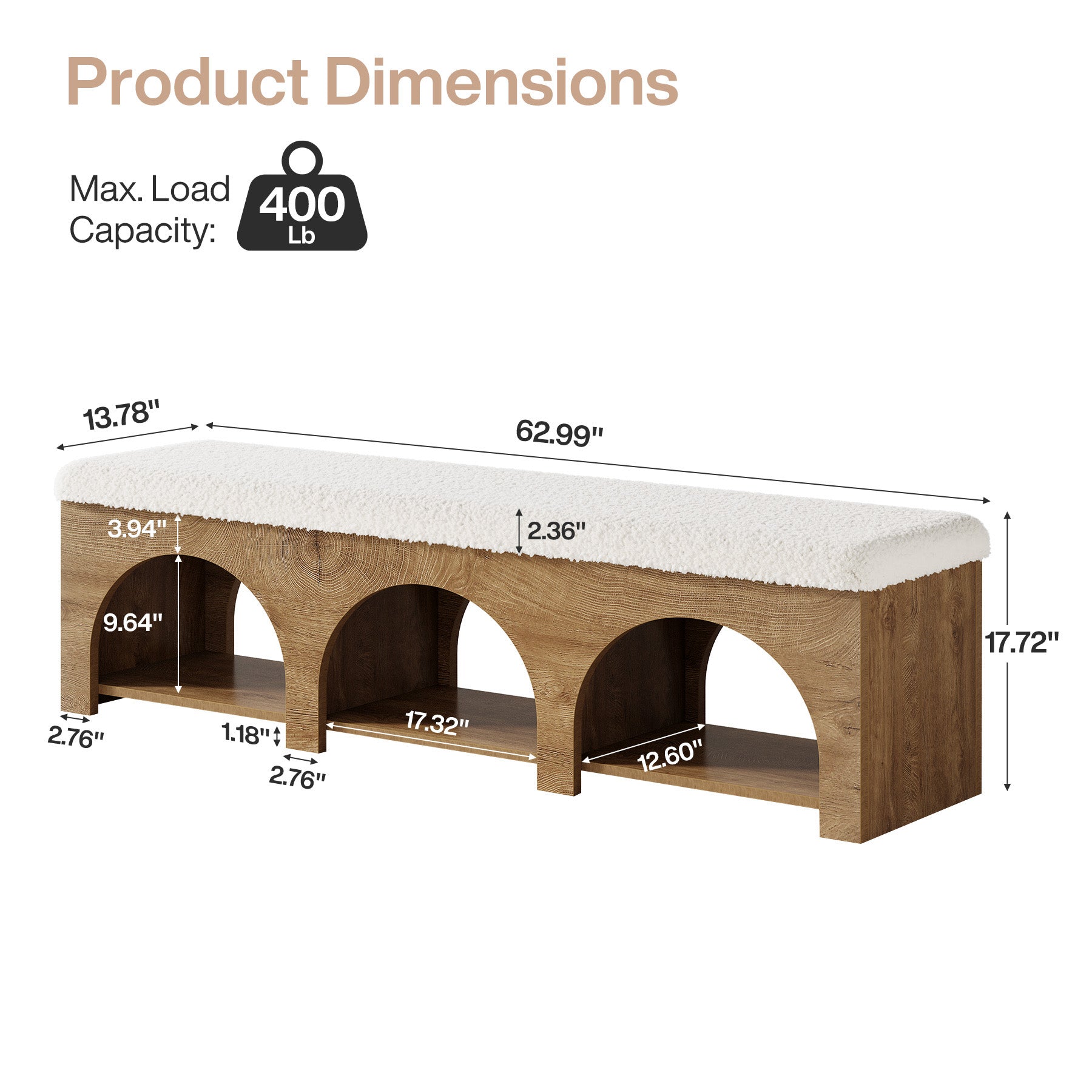 63" Upholstered Entryway Bench, 2-Tier Shoe Bench with Cushion and Shelf