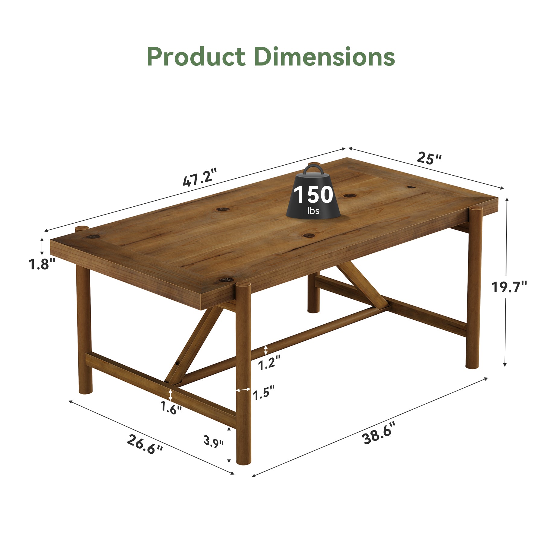 47" Solid Wood Coffee Table, Rectangular Center Tea Table with Column Legs