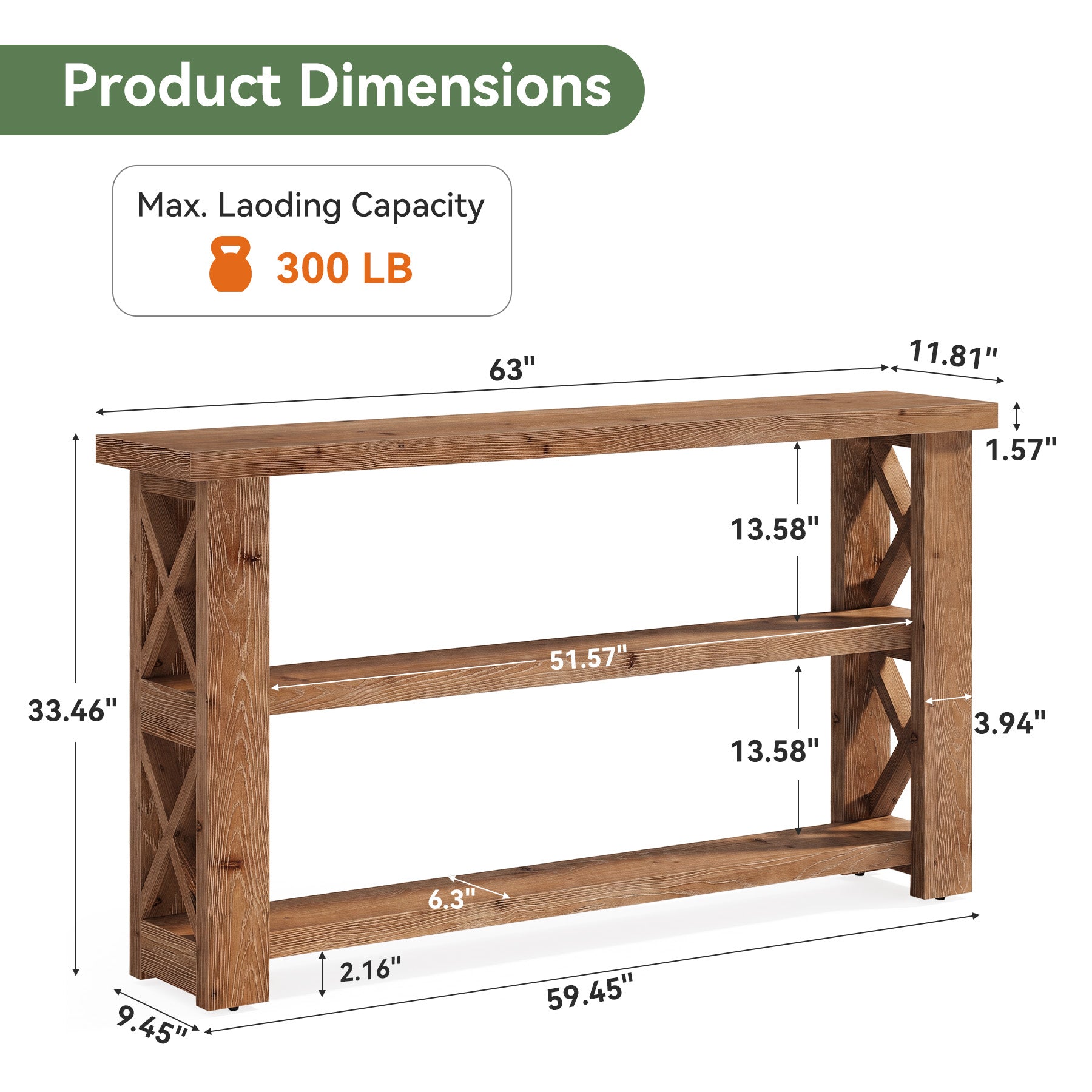 3-Tier Solid Wood Console Table, 63" Sofa Table Behind the Couch for Entryway, Living Room
