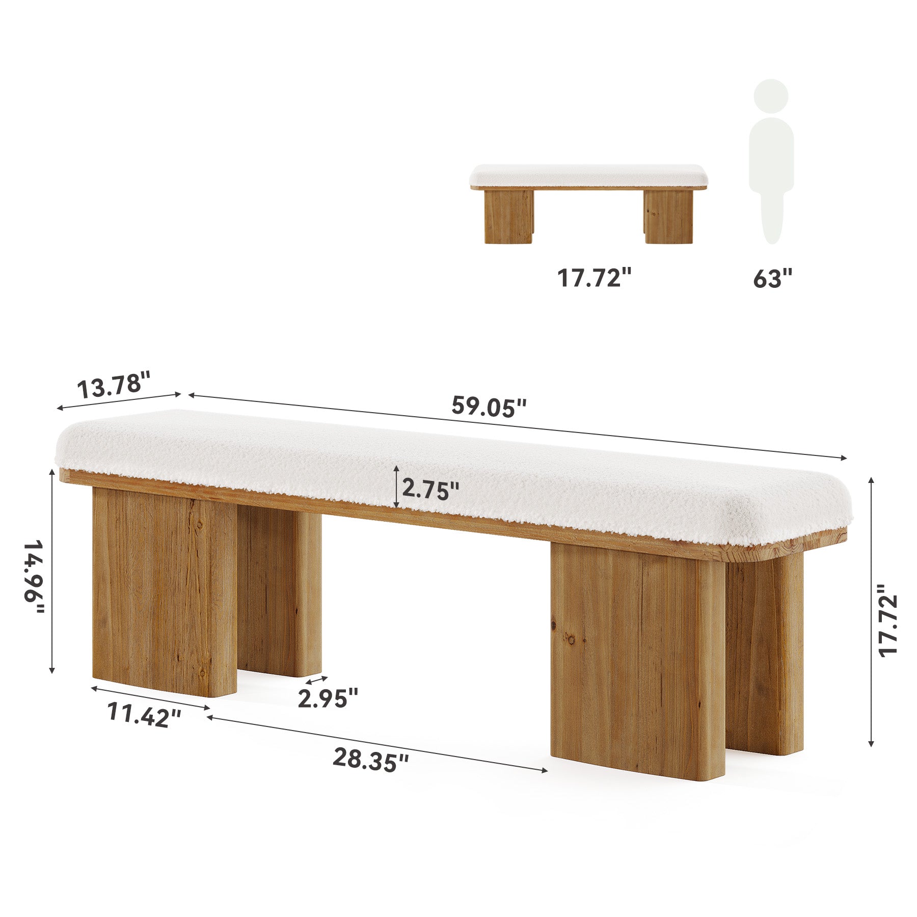 59" Solid Wood Entryway Bench, Modern Upholstered End of Bed Bench
