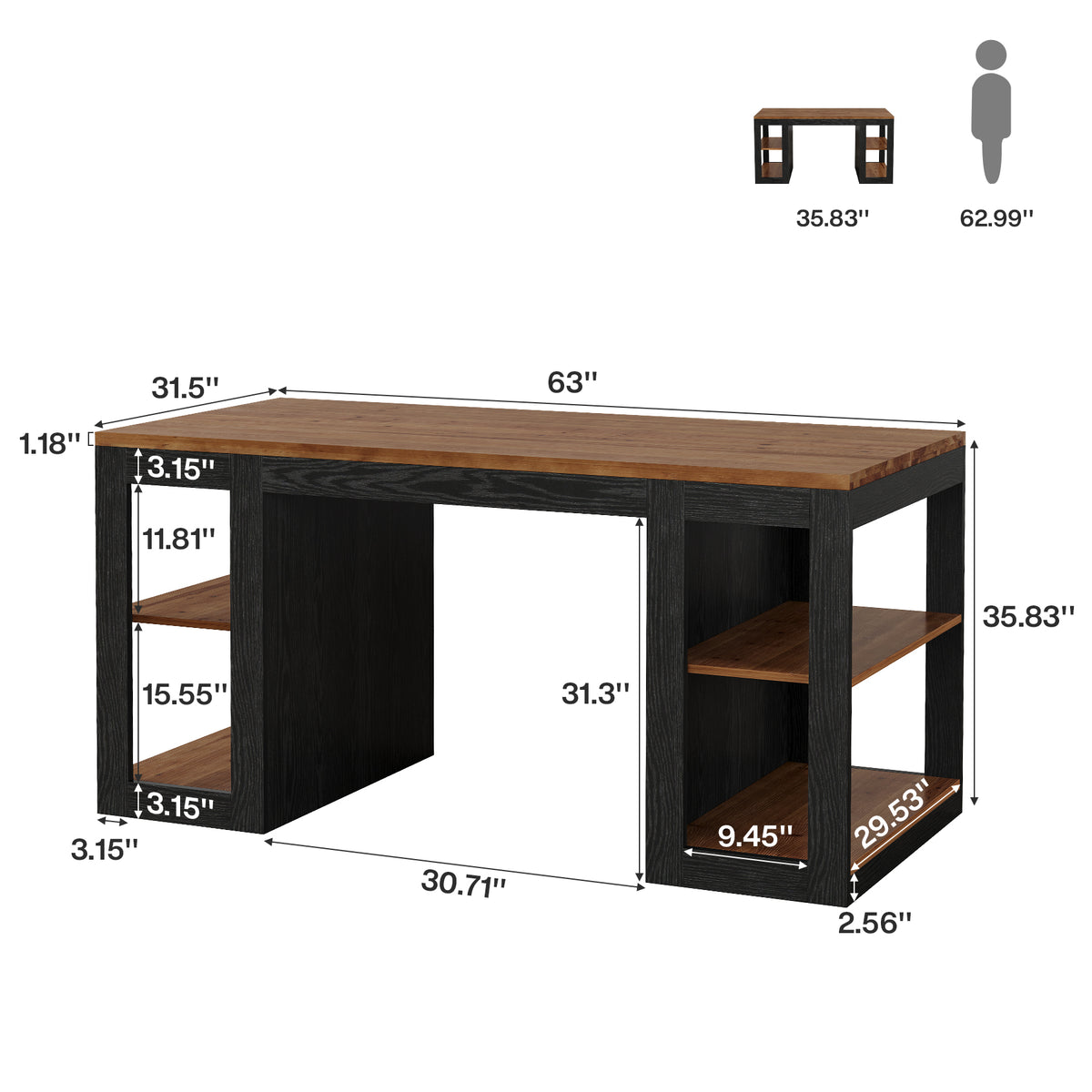 63" Solid Wood Counter Height Bar Table with 2-Tier Storage & Thick Top