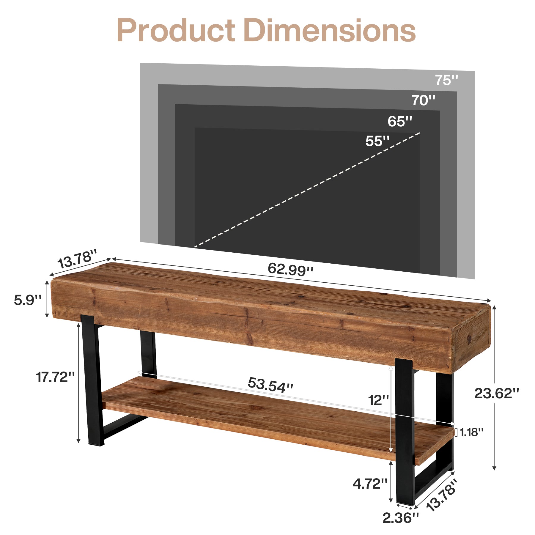 63" Solid Wood TV Stand for 55-75" TVs, 2-Tier Entertainment Center with Metal Frame