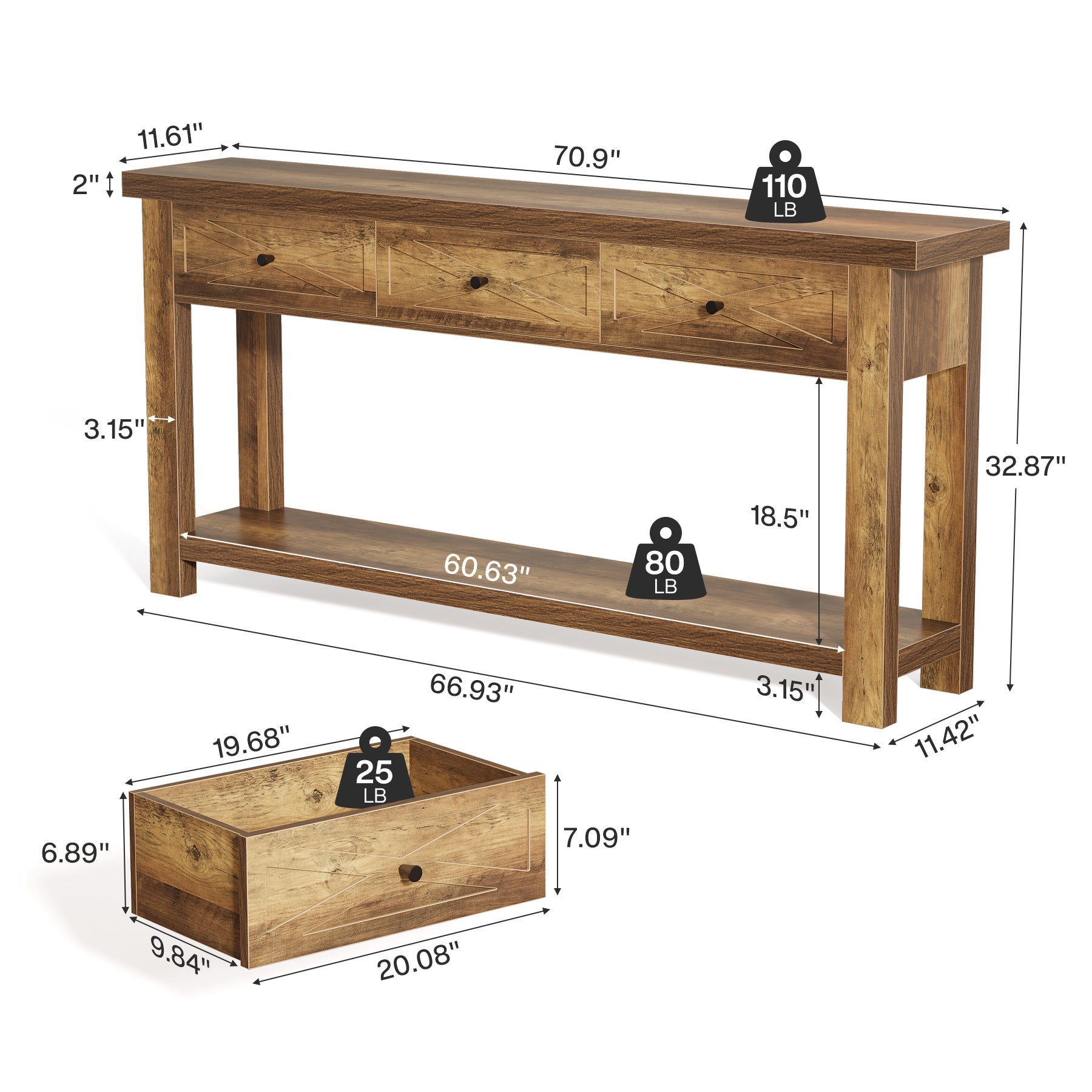 70.9” Console Table with 3 Drawers, Narrow Entryway Table with Storage Shelf