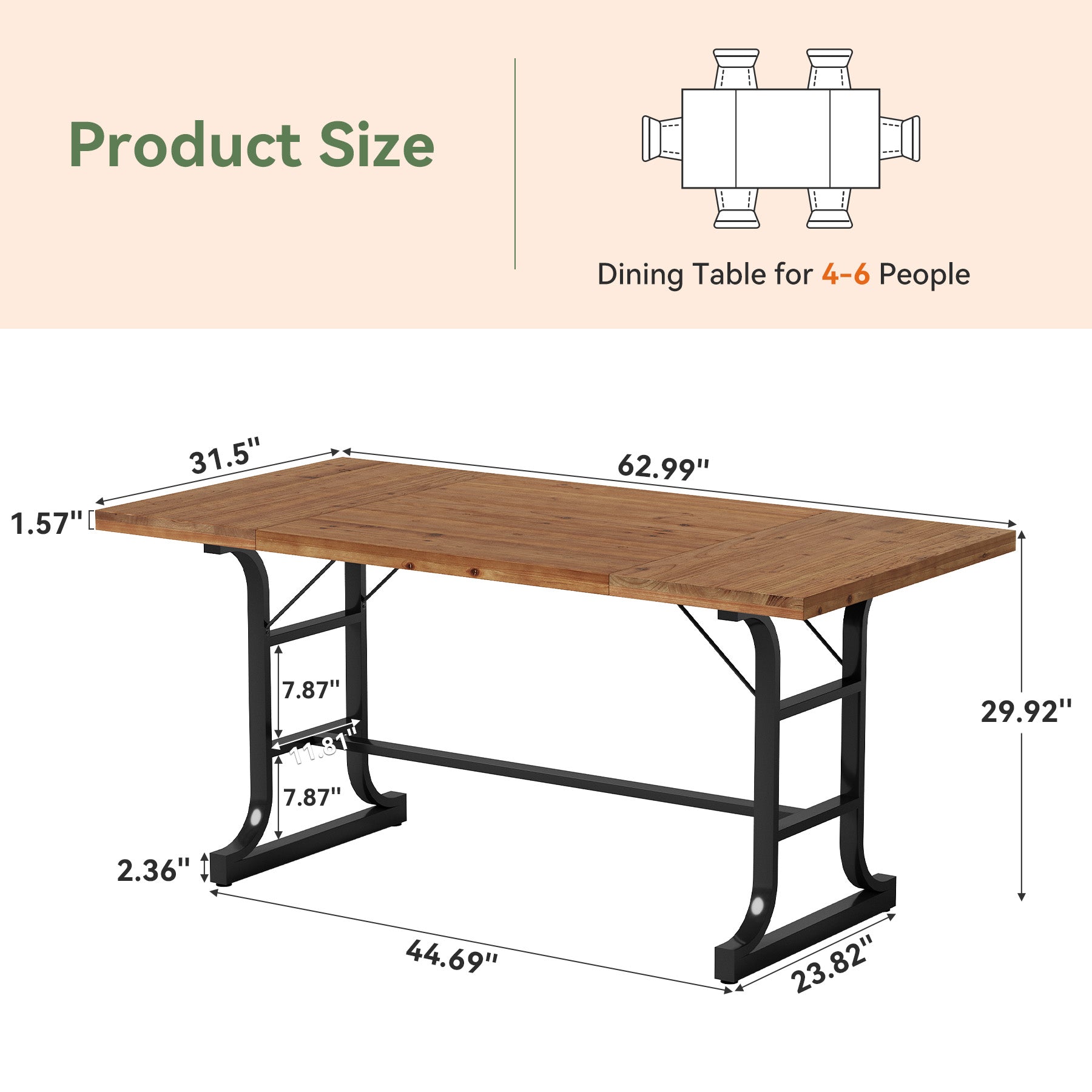 63" Solid Wood Dining Table for 4-6, Rectangular Kitchen Table with Metal Legs, Farmhouse