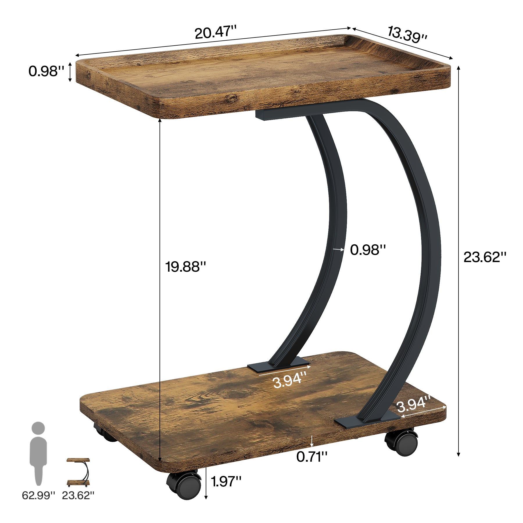 C-Shaped End Table, Industrial 2-Tier Side Table with Wheels