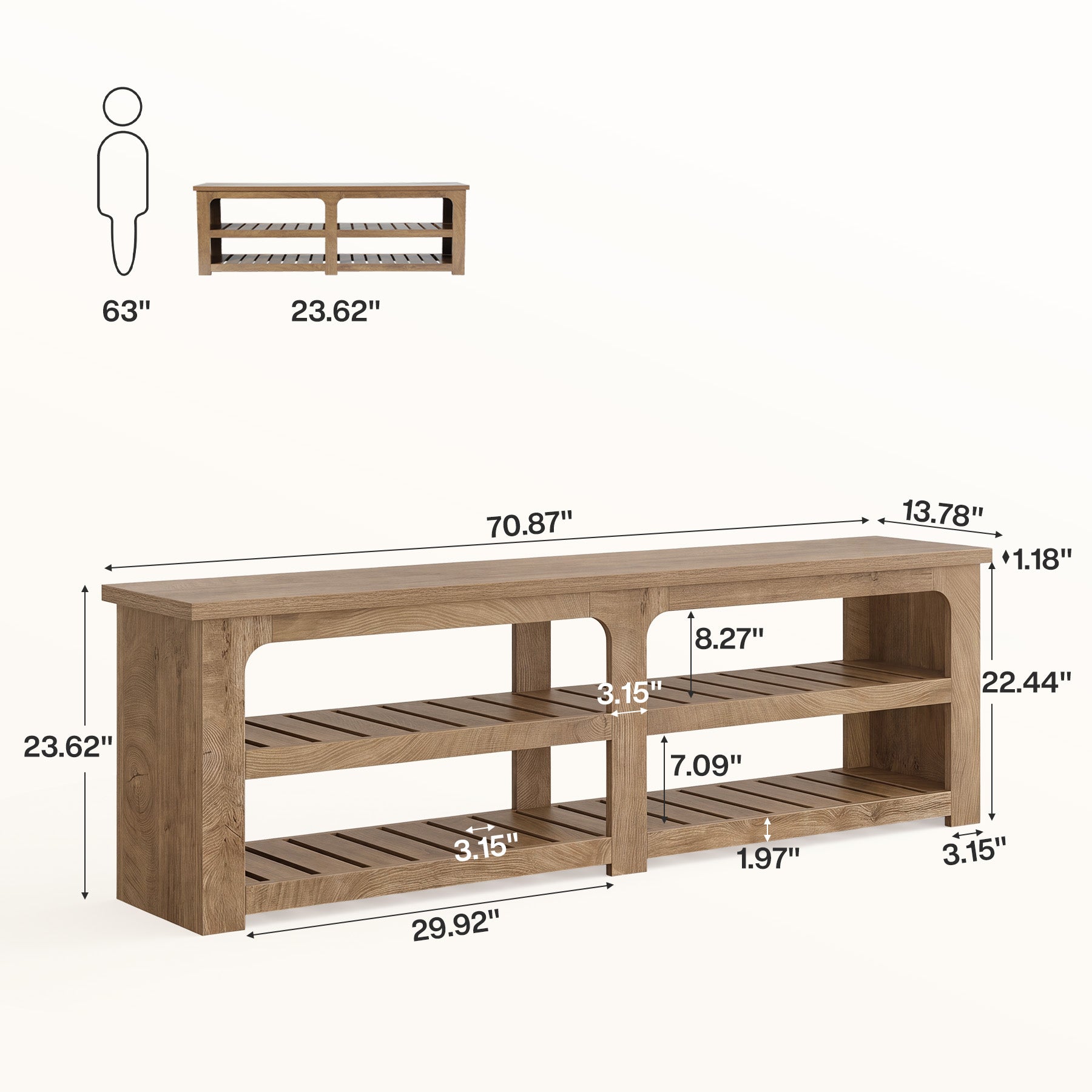 71" Extra Long Entryway Bench with Shoe Storage, Farmhouse 2-Tier Slatted Shoe Rack