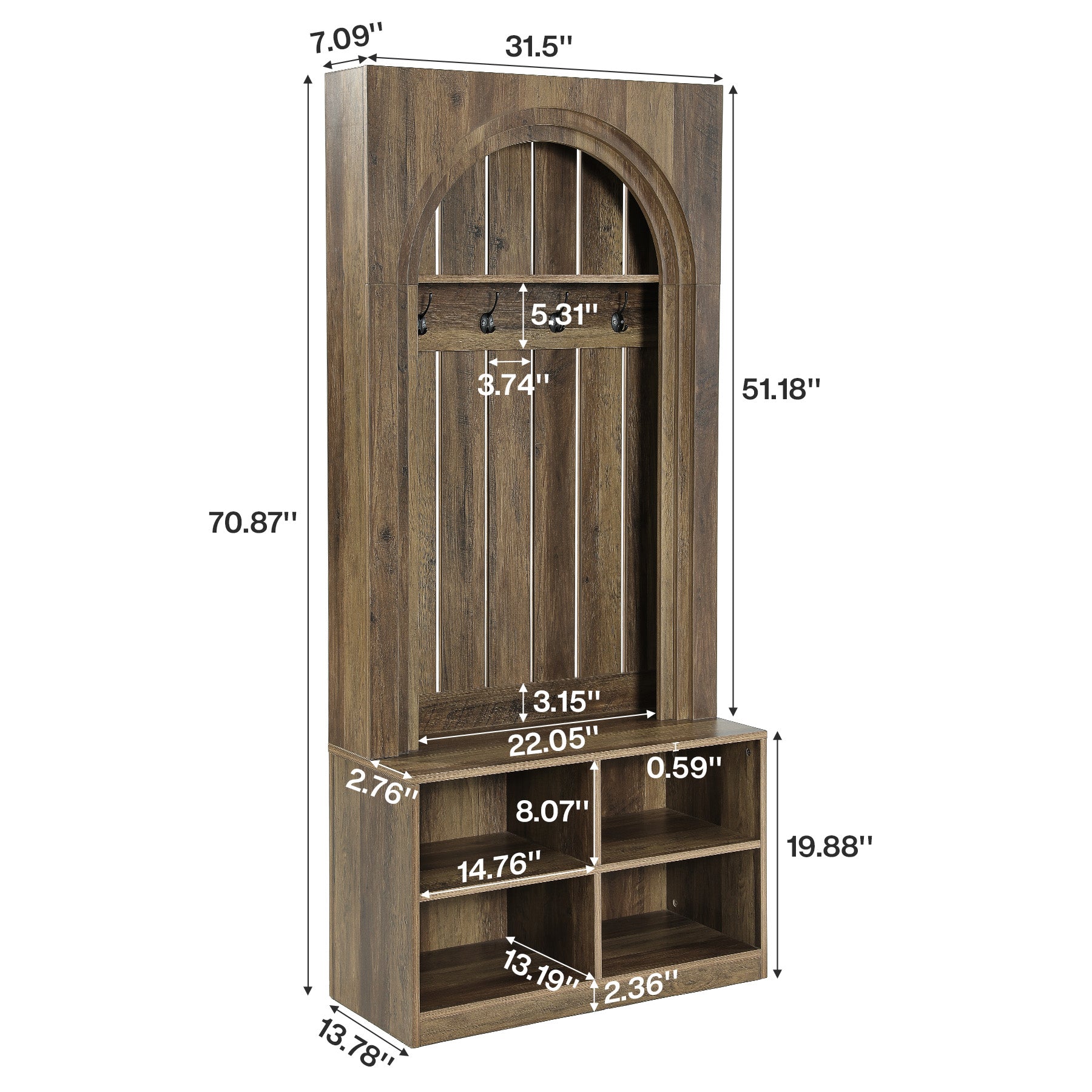 70.9" Arched Hall Tree, Farmhouse Entryway Coat Rack With Shoe Cubby Storage