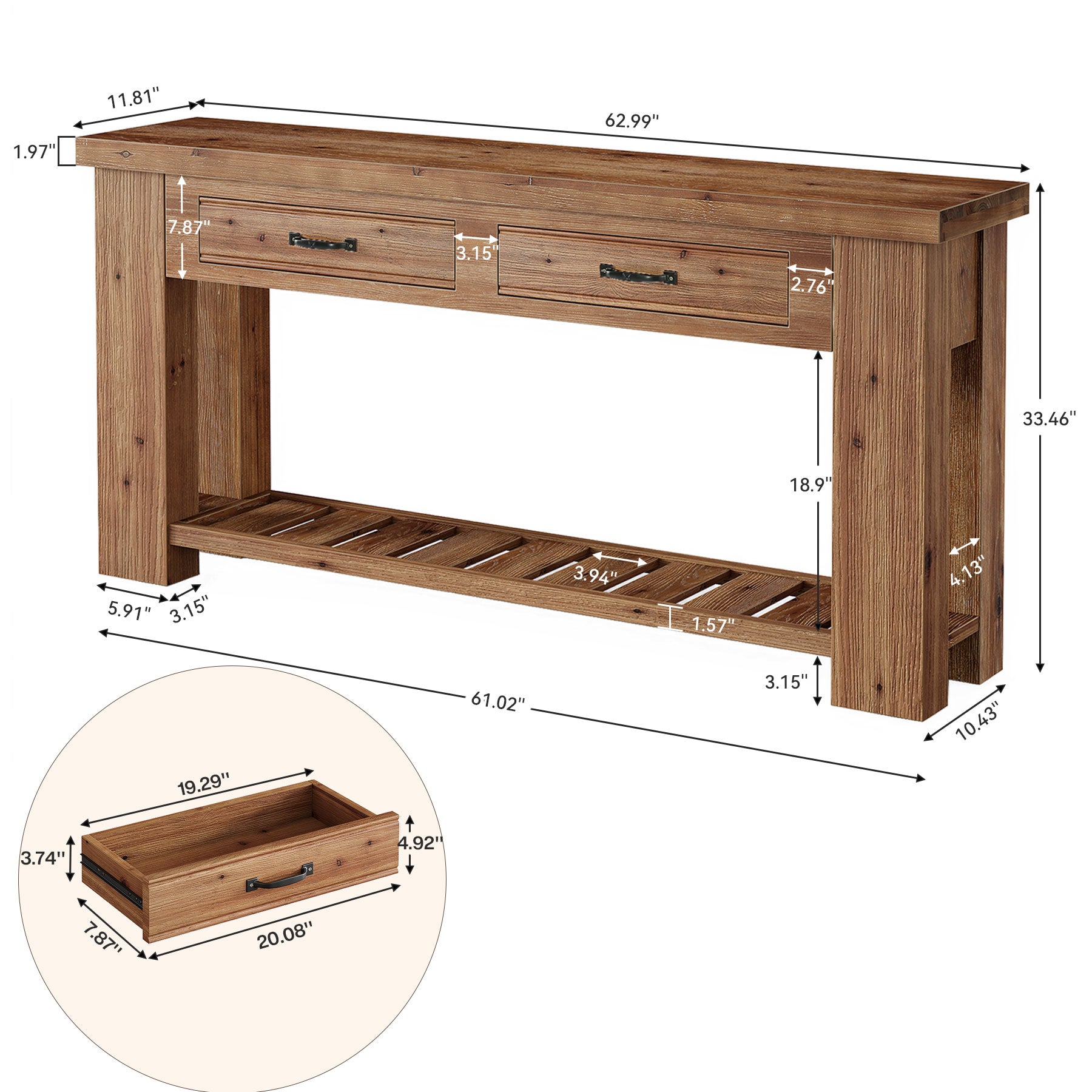 63" Solid Wood Console Table, Entryway Sofa Table with 2 Drawers and Open Slatted Shelf