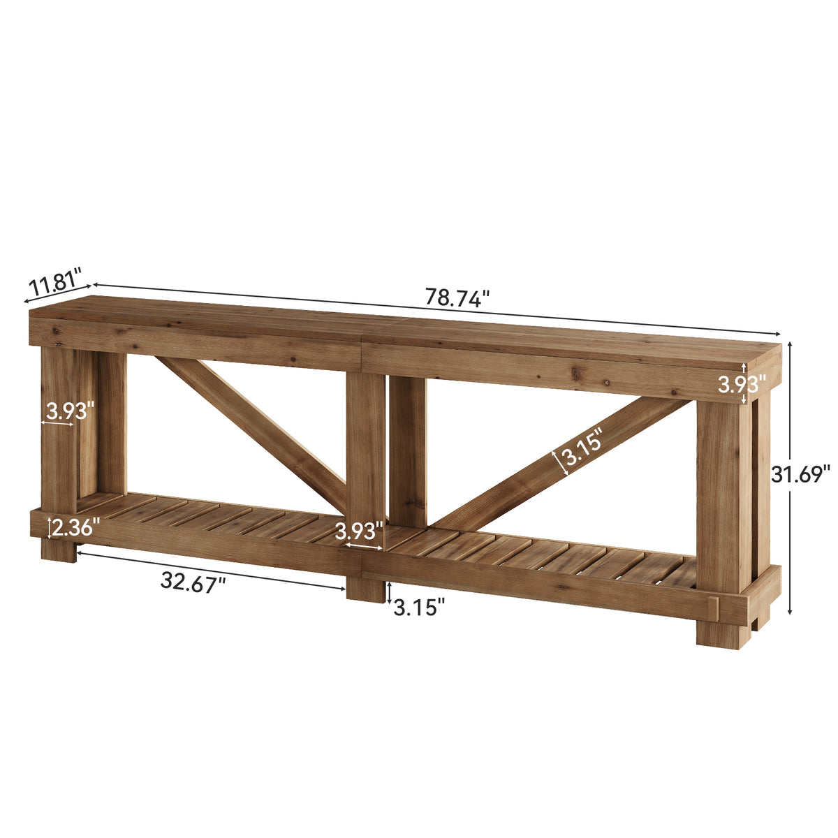 79" Solid Wood Console Table, Narrow Sofa Table with Open Slatted Shelf for Entryway