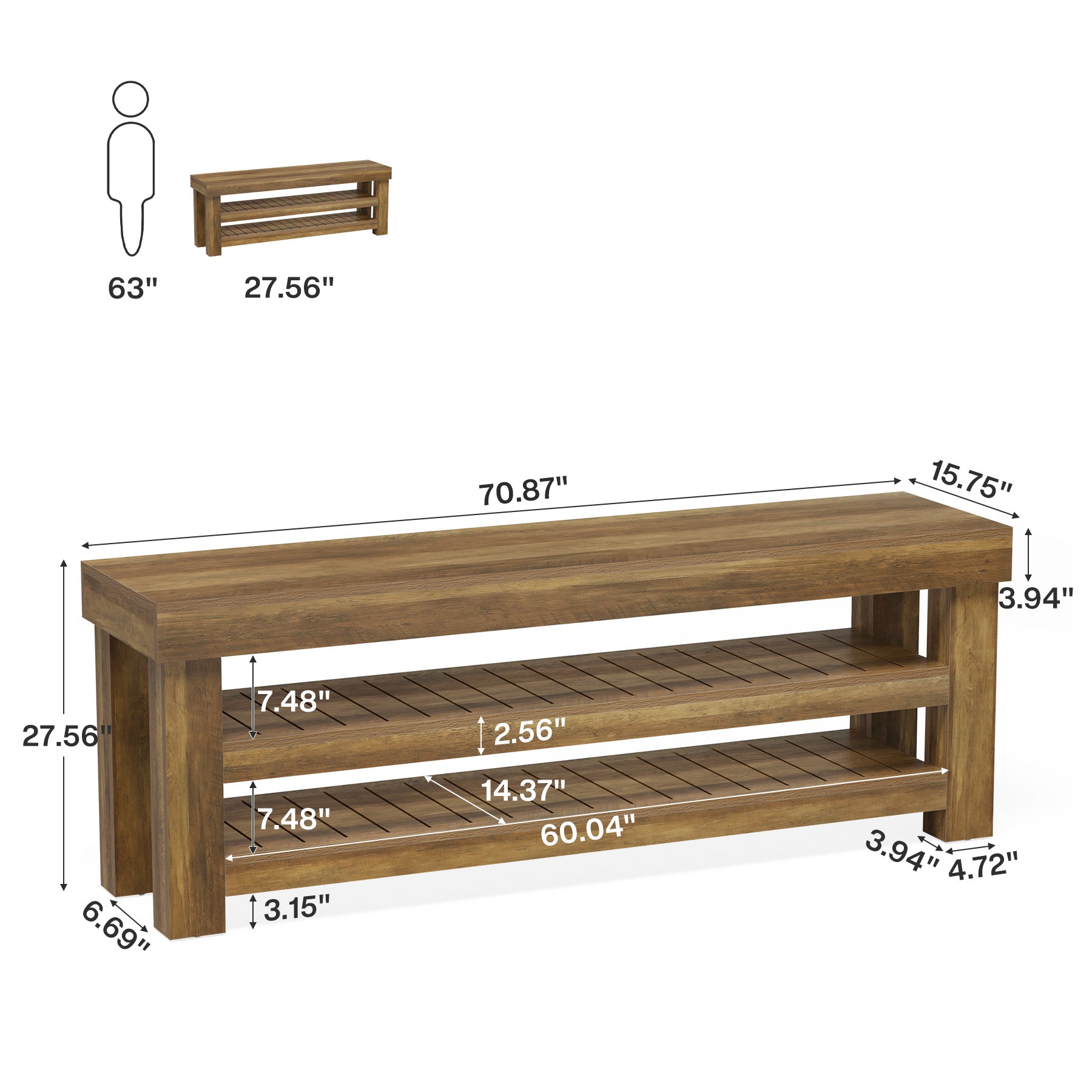 71" Extra Long Console Table with 2 Shelves, Narrow Rustic Farmhouse Sofa Table, Entryway