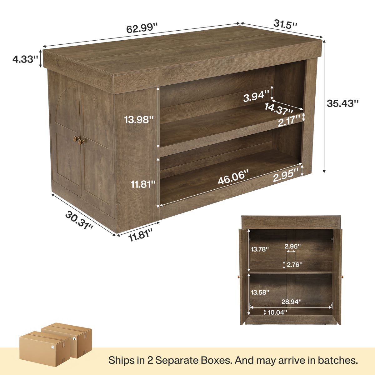 63" Kitchen Island, 3-Tier Stationary Island Table with Open Storage Sheves & Cabinet