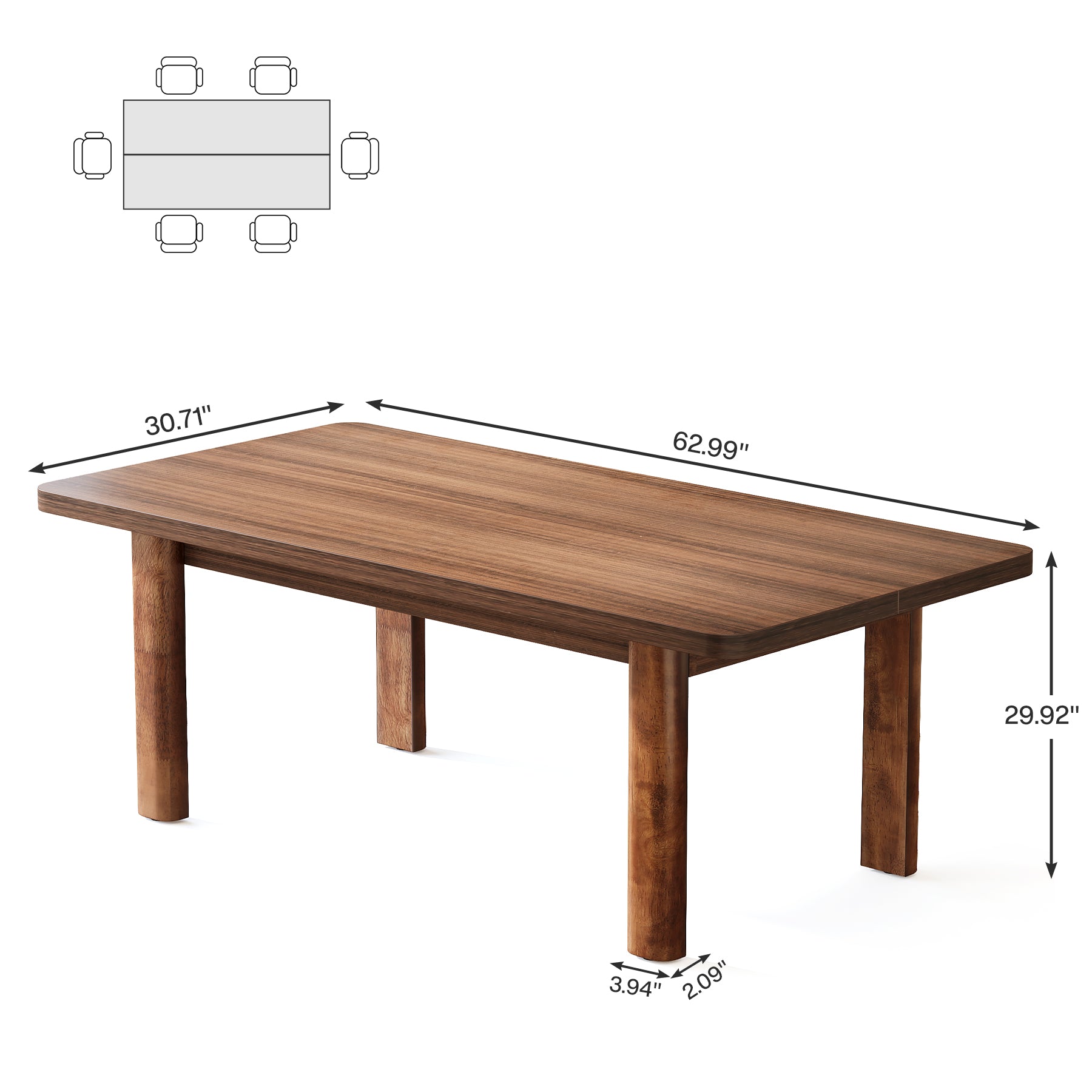 63" Rectangle Dining Table for 4-6, Farmhouse Kitchen Table with Solid Wood Legs