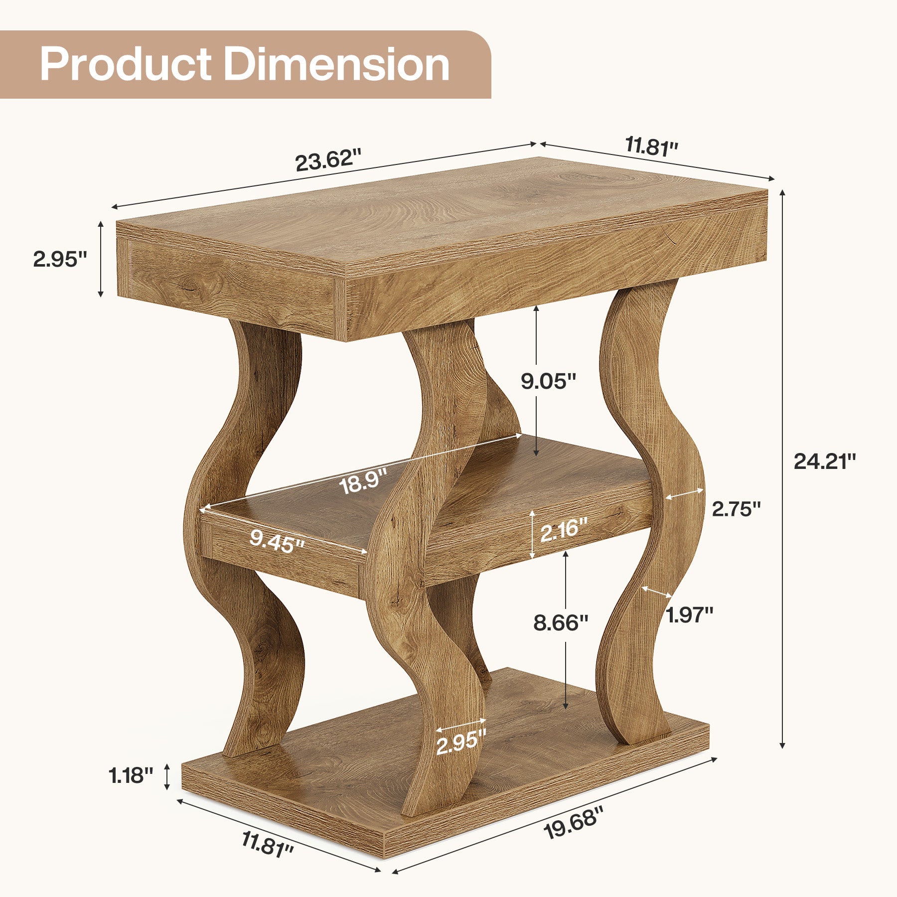 Tribesigns 3-Tier Wooden side Table, Skinny Small Nightstand for Living Room with Storage Shelf