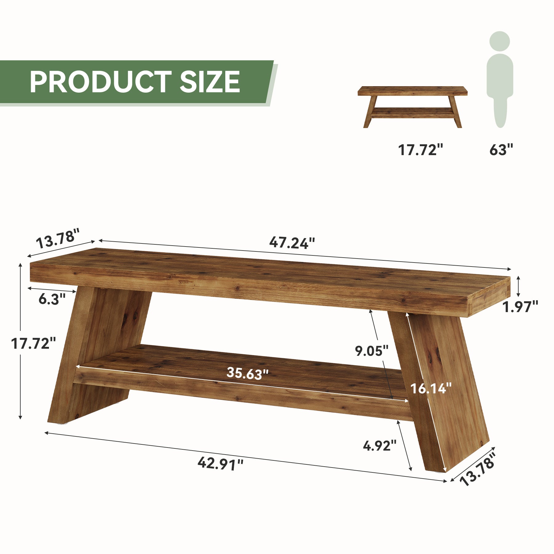 2-Tier Entryway Bench, Solid Wood Shoe Bench with Open Shelves