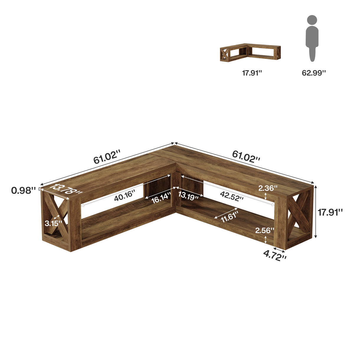 61" L-Shaped Entryway Bench, 2-Tier Corner Bench with Storage Shelf for Living Room