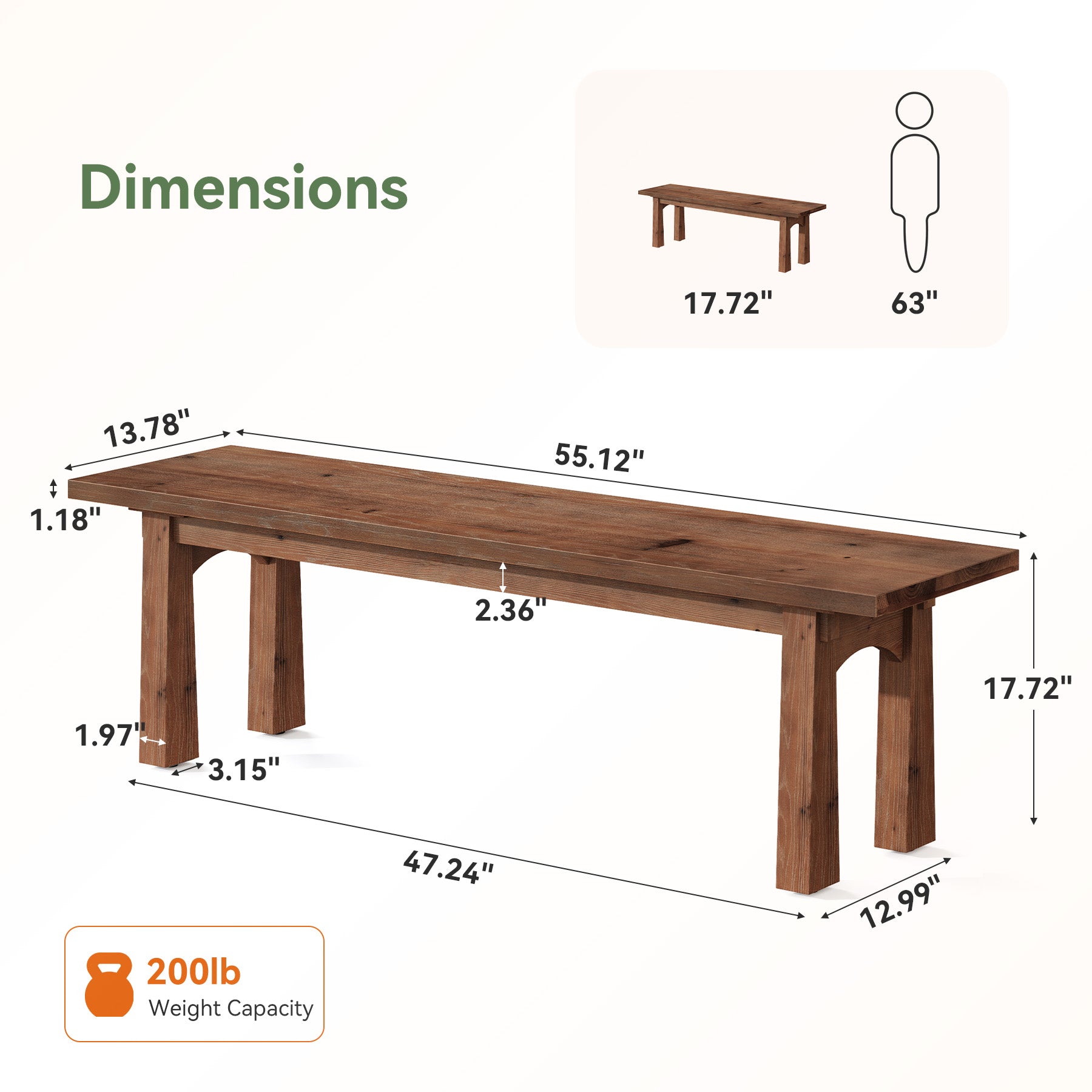 55" Solid Wood Entryway Bench, Farmhouse Shoe Bench End of Bed Bench, Easy Assembly