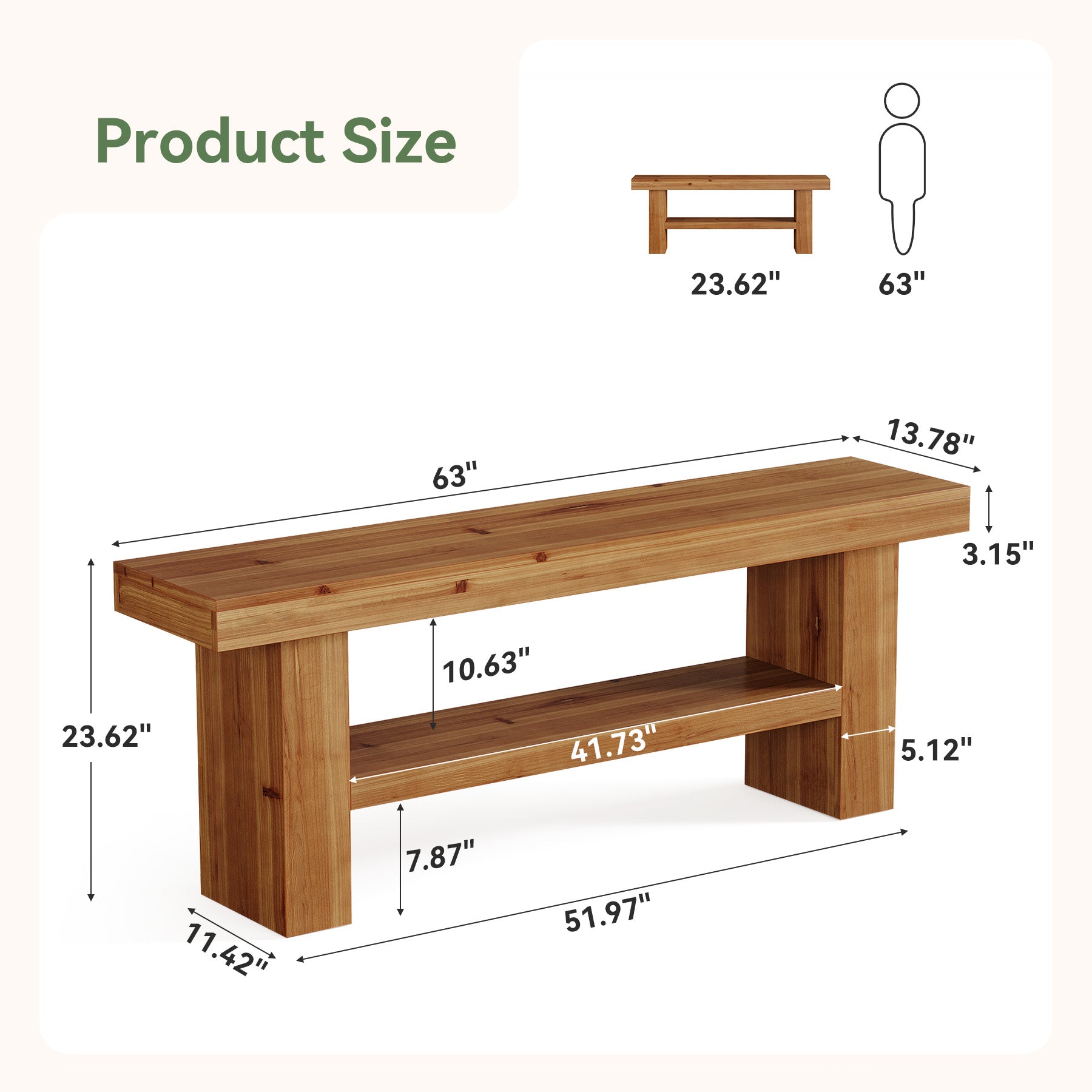 63" Solid Wood Entryway Bench, 2-Tier End of Bed Bench for Hallway, Bedroom
