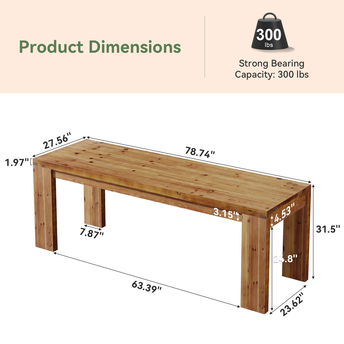 78.7" Solid Wood Dining Table, Farmhouse Rectangular Kitchen Table for Dining Room