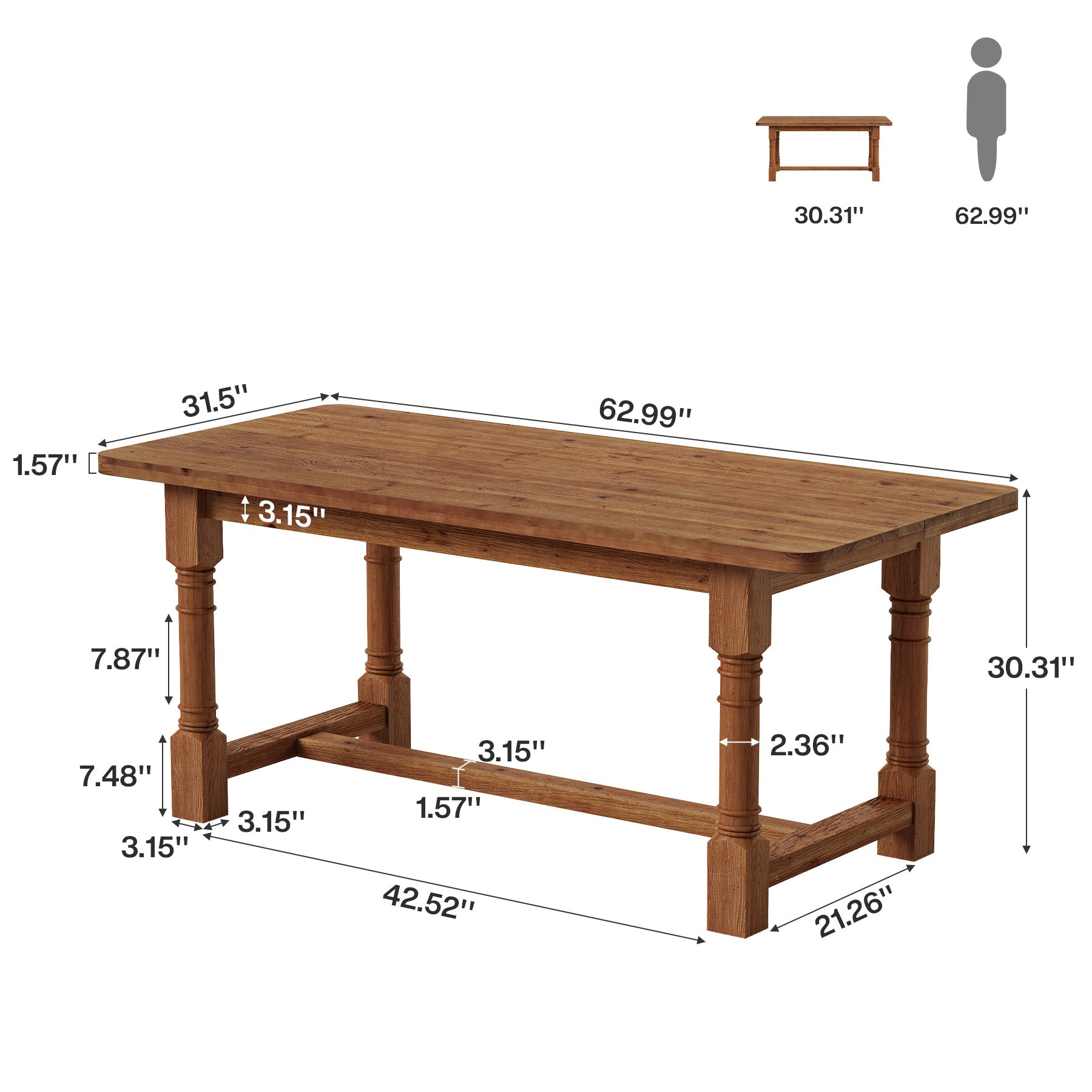63" Solid Wood Dining Table, Farmhouse Kitchen Table with Trestle Base for 4-6