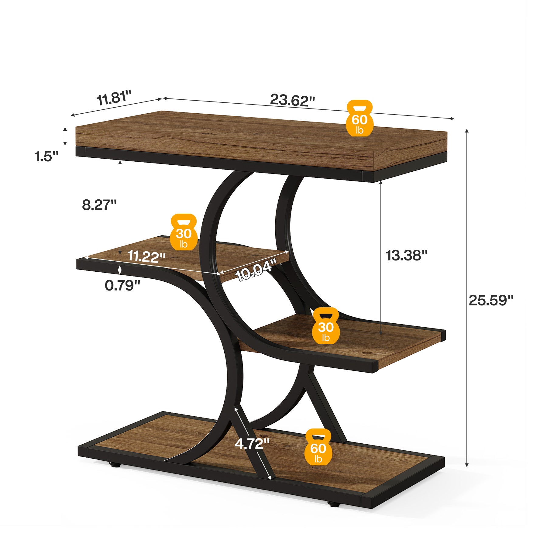 23.62" End Table with 4-Tier Shelf, Narrow Side Table with Metal Frame for Small Spaces