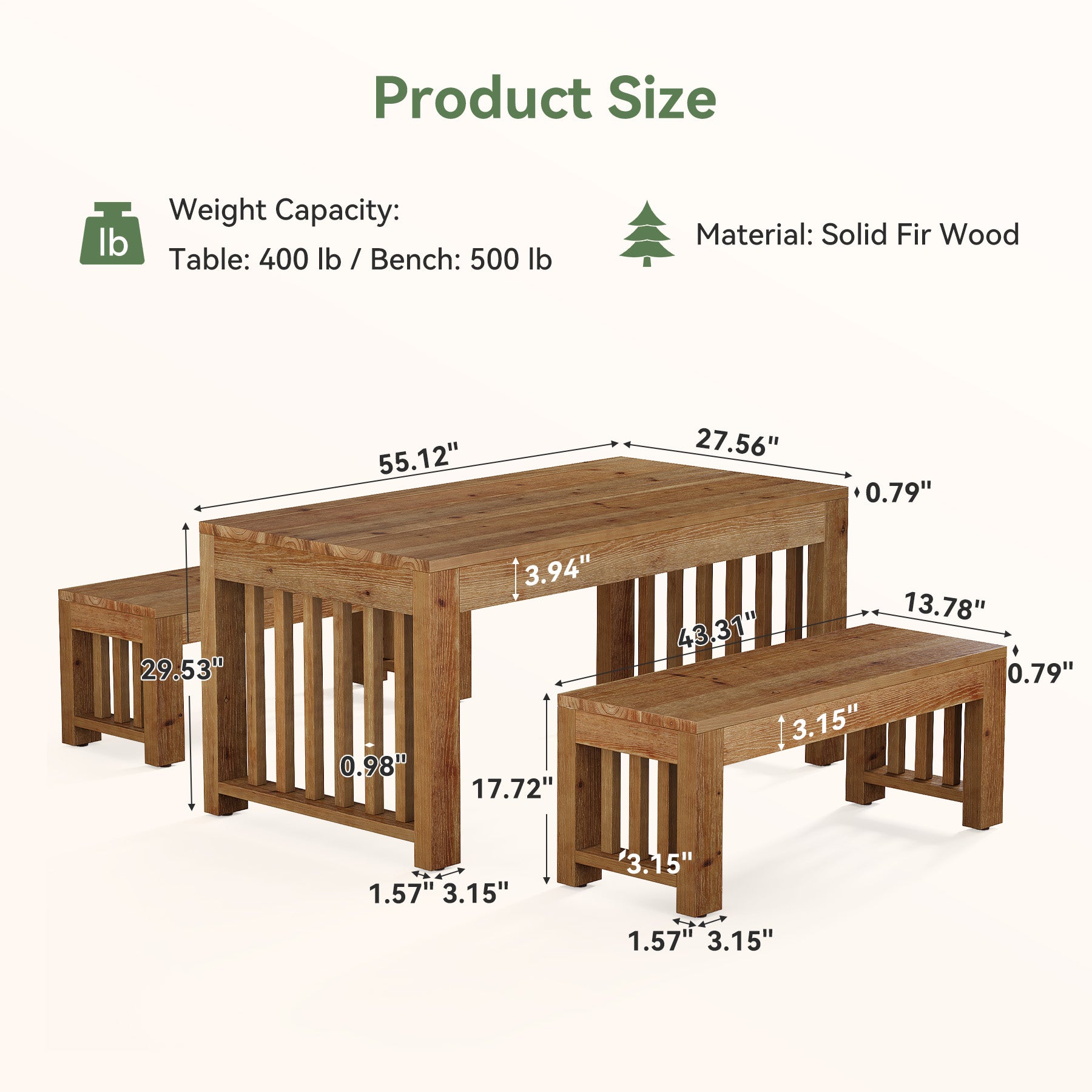 55" Rectangular Dining Table Set, Solid Wood Kitchen Table and Bench for 4 People