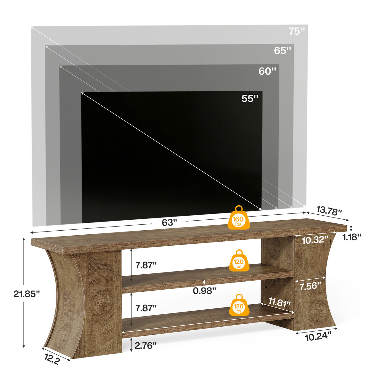 63" TV Stand for 75" TVs, Entertainment Center with 3-Tier Storage & Curved Legs