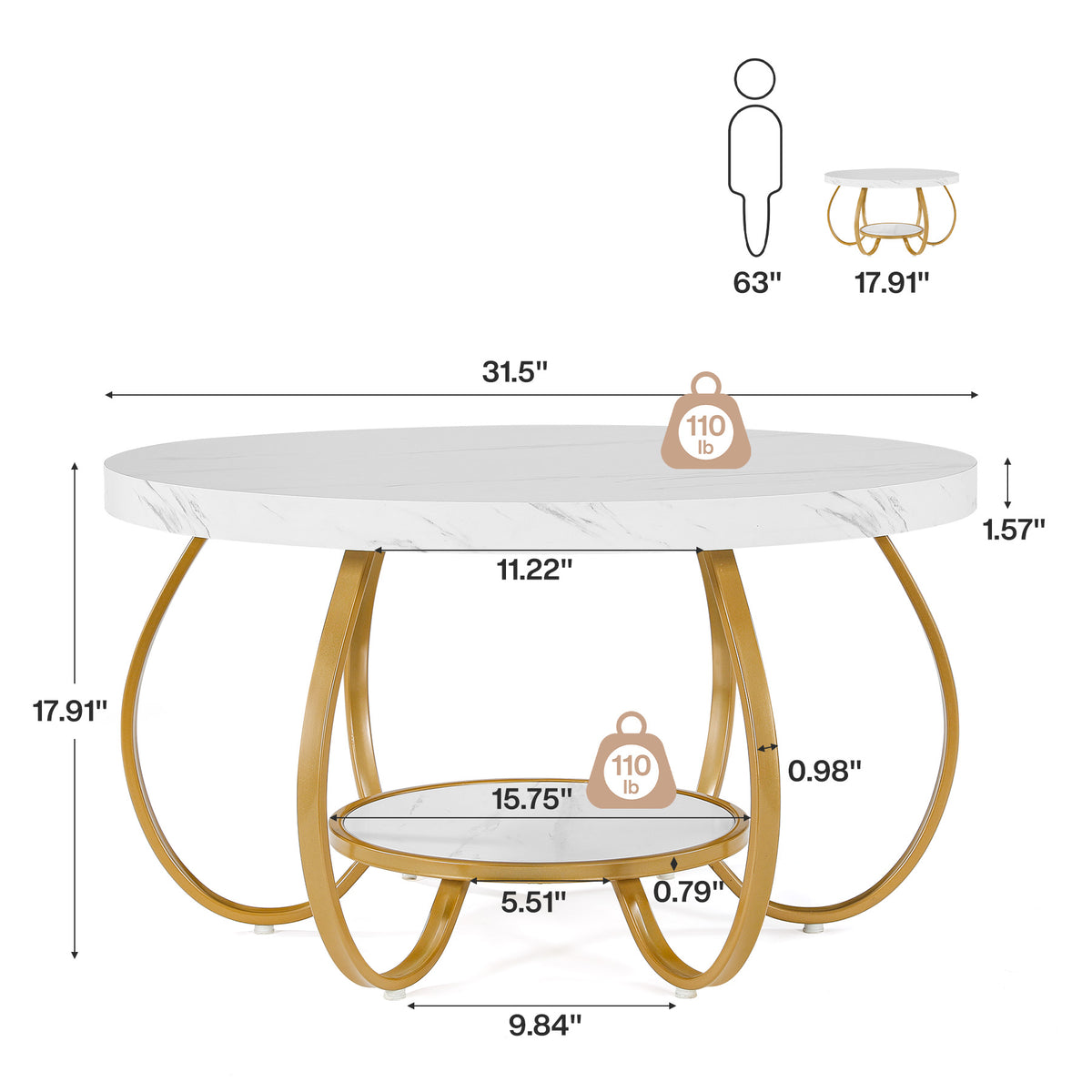 31.5" Round Coffee Table, 2-Tier Modern Center Table with Faux Marble Top & Metal Base