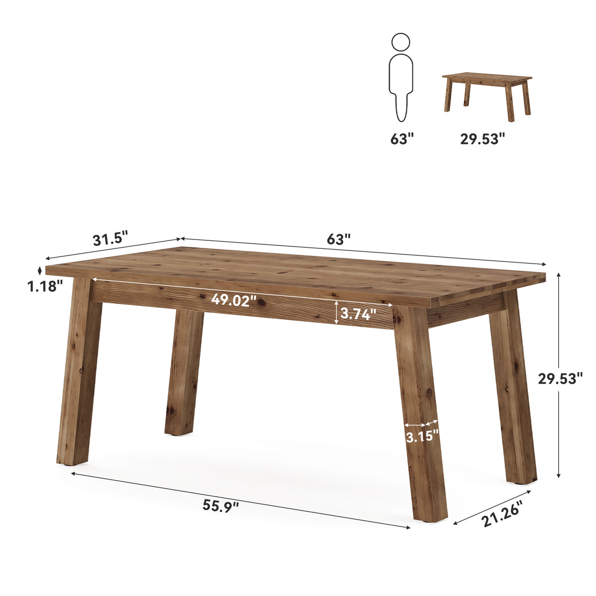 63" Rectangle Solid Wood Dining Table for 6 People, Farmhouse Kitchen Table for Dining Room